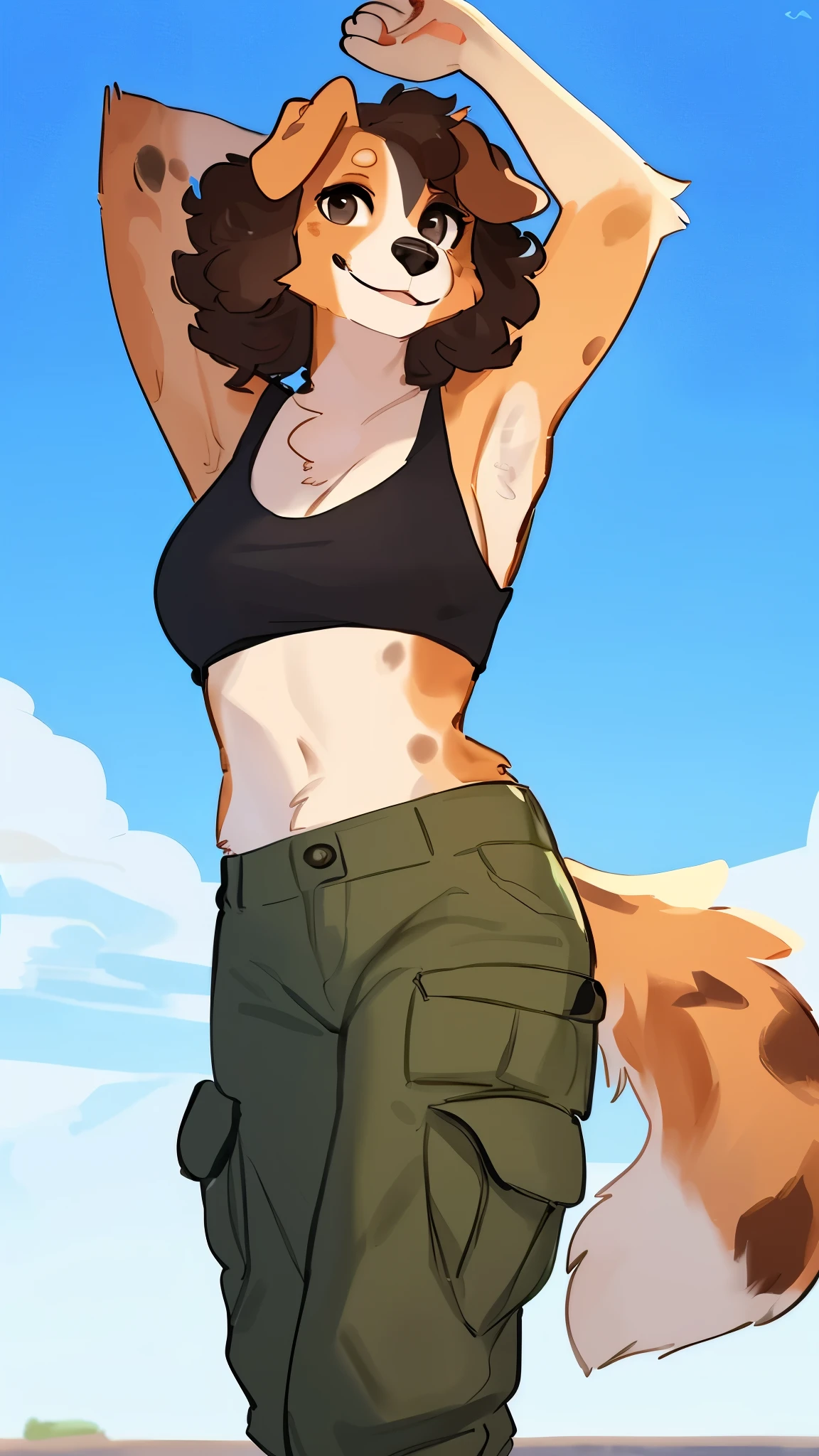 By bebebebebe, by lostgoose, by goonie-san, solo, female, canine, ((snout)), (floppy ears, detailed eyes, australian shepherd), stretching, smiling, looking at viewer, curly hair, tank top, cargo pants