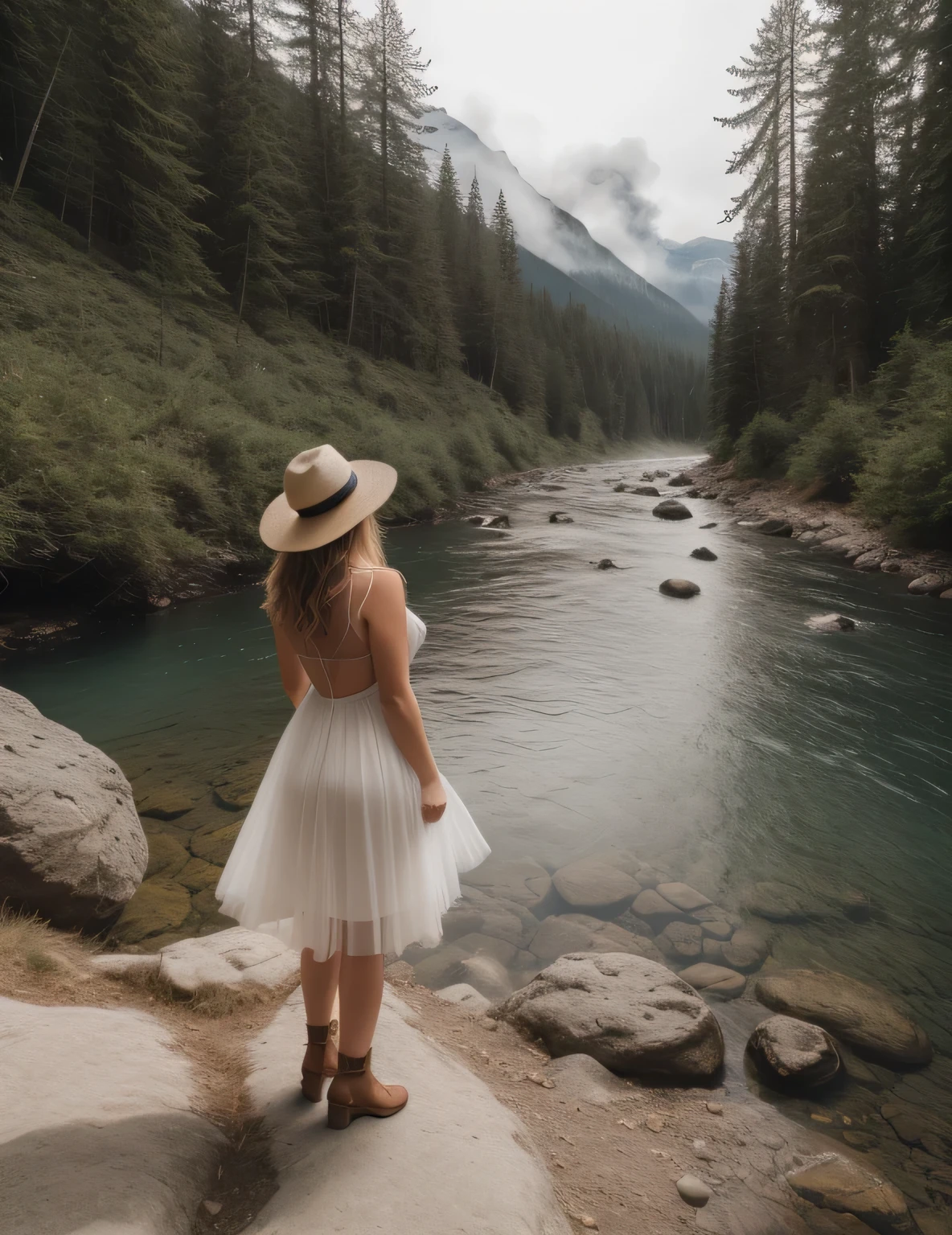 photorealistic, best quality, hyper detailed, beautiful woman, upper body, solo, back pose, outdoors, Sunny Day, mountains, real life nature, (cheerful, happy), sleeping bag, Elegant dress, Beautiful Hat, forest, rocks, river, wood, smoke, fog, clear sky, analog style, looking at viewer, skin texture, film grain, close up, ultra high res, best shadow, RAW, instagram LUT