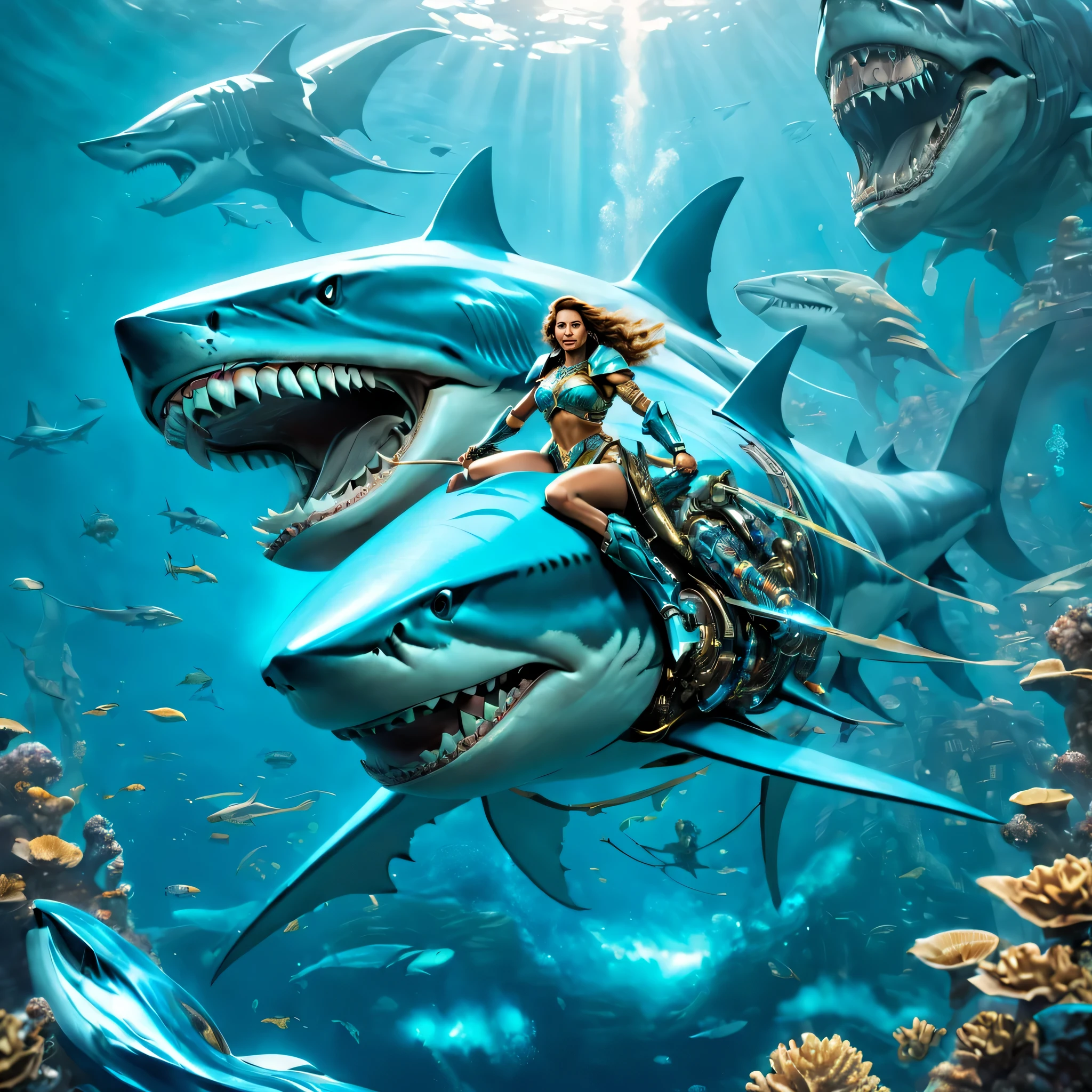 Images set in the depths of futuristic high-tech Atlantis, Depicts a beautiful female warrior riding a full body, Cyborg megalodon from head to tail. Megalodon blends ancient grandeur with futuristic technology, Parts of its body display mechanical enhancements. These mechanical components integrate seamlessly with their natural surroundings, blocky form, Highlighting features such as its powerful teeth and powerful structure. Female warriors are portrayed as strong and graceful, Advanced armor that combines traditional and futuristic styles. Background shows the advanced underwater city of Atlantis, Full of technological wonders, Strengthen the overall theme of harmonious integration of nature and technology.