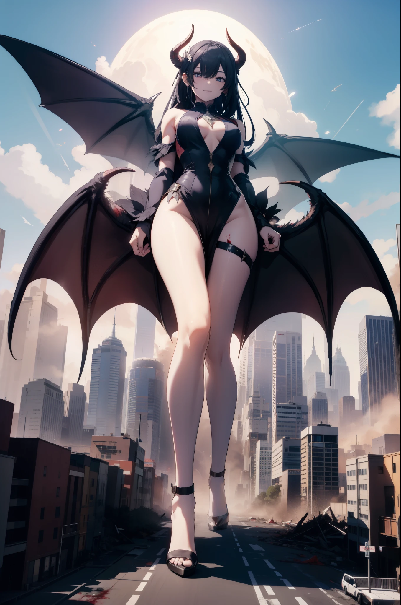 Aerial View,giant girl 50,000 feet high,Have a pair of long legs,Possessing a pair of huge demon wings,Has white waist-length hair,loose hair,Wearing a pair of Mary Jane heels,white curly hair,A look of enjoyment,Standing over a ruined city,城市到处是blood stains,Beautiful appearance,Exquisite makeup,quality,8k,高quality,(governor:1.5),Perfect proportion, Cinema lighting,film grain,Fuji colors,8k,textured skin,Super details,high detail,high quality,high resolution,explode,fake smile,black,blood stains,脚底有blood stains
