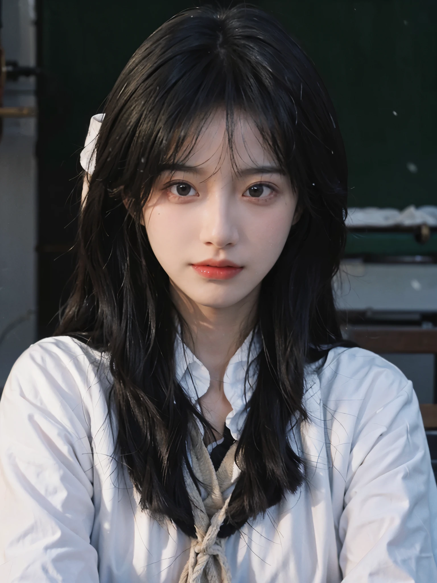 best quality， ultra high resolution， （realistically：1.4）， a girl，long hair， A pair of clear and moving eyes,Royal sister，wearing black，Snow-white school uniform， （Big breasts：1.2）， looking at the audience， close up ，