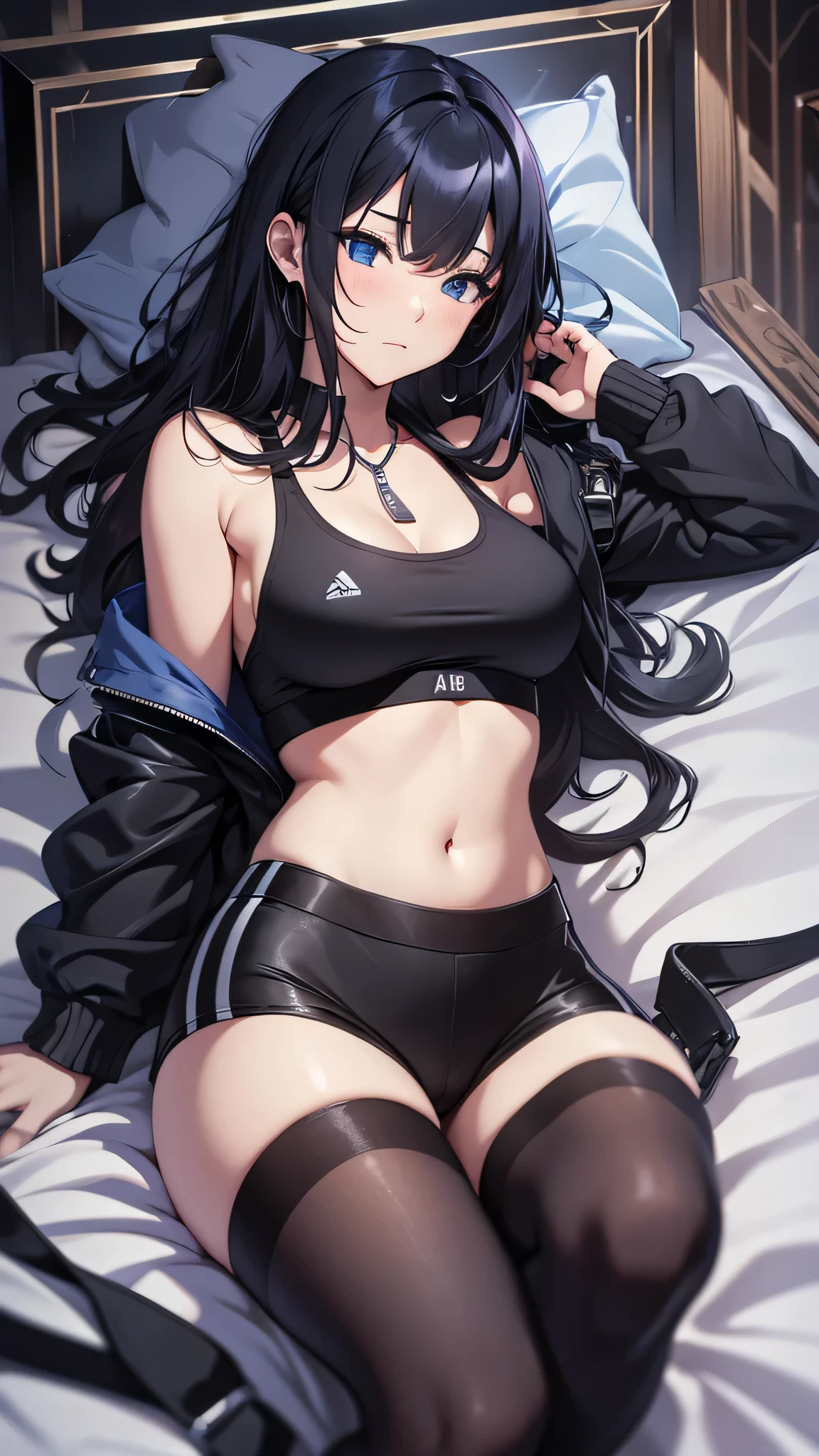 最high quality、best image quality、masterpiece、age girl((18-year-old、 By becoming、vest bust、medium bust,wide open breast tea、black eye, black hair、long hair、thin,highest valley、cute makeup、red sports bra、Black sports pants、White Necklace、Blackface Paint、tired face、Sweat、sleep、open thighs、)),high quality、beautiful art、background((on the bed)),debris flies、Depth of written boundary、movie、visual art、perfect art、8K,genuine