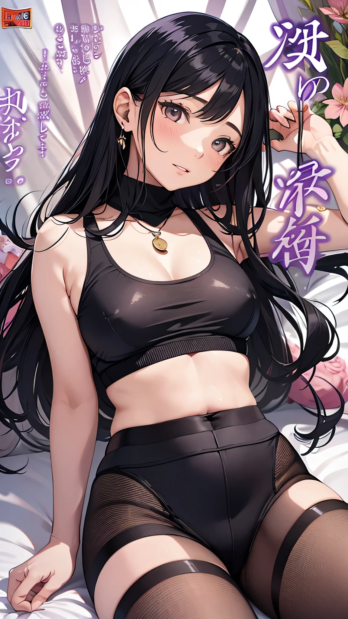 最high quality、best image quality、masterpiece、age girl((18-year-old、 By becoming、vest bust、medium bust,wide open breast tea、black eye, black hair、long hair、thin,highest valley、cute makeup、red sports bra、Black sports pants、White Necklace、Blackface Paint、tired face、Sweat、sleep)),high quality、beautiful art、background((on the bed)),debris flies、Depth of written boundary、movie、visual art、perfect art、8K,genuine