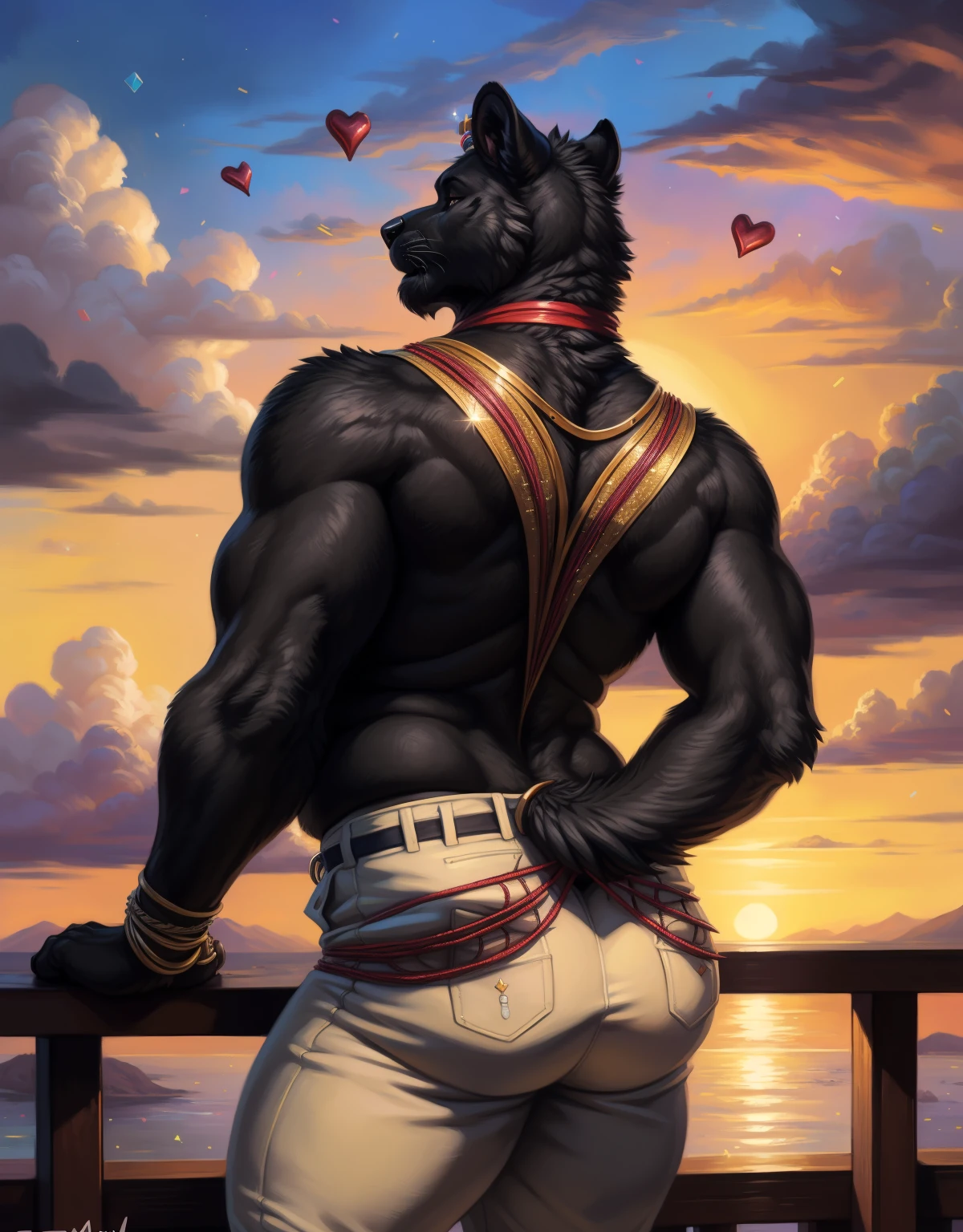 [🏃🏿‍♀️👩‍❤️‍💋‍👩], (absurd res), ((ultra high resolution)), (((beautiful quality))), (isometric view), (breathtaking painstakingly detailed background), (impressive lighting), (sunset clouds), (floating hearts), ((sparkles)), confetti, sunlight, ⫷|⫸ by foxovh, by sligarthetiger, by cumbread, by gammainks, by seibear, by lollipopcon, by dizzyknight, by greasymojo, by xpray, by roly, by personalami, by honovy, by thebigslick, by taran fiddler, by kenket, ⫷|⫸ jewelry, necklace, bracelet, colorful accessories, ear accessory, arm accessory, neck accessory, (leg accessory), ⫷|⫸ (fuzzy furry body:1.6), (detailed face), (tall body), tall ears, fur pattern, (raised tail), [slightly chubby anthro], (mature male:1.5), (dark black fur:1.7), (a black tiger), professional photoshoot, (laced clothing:1.6), (presenting hindquarters), huge ass, khaki pants, visible laced buttcrack area, (brown anus)
