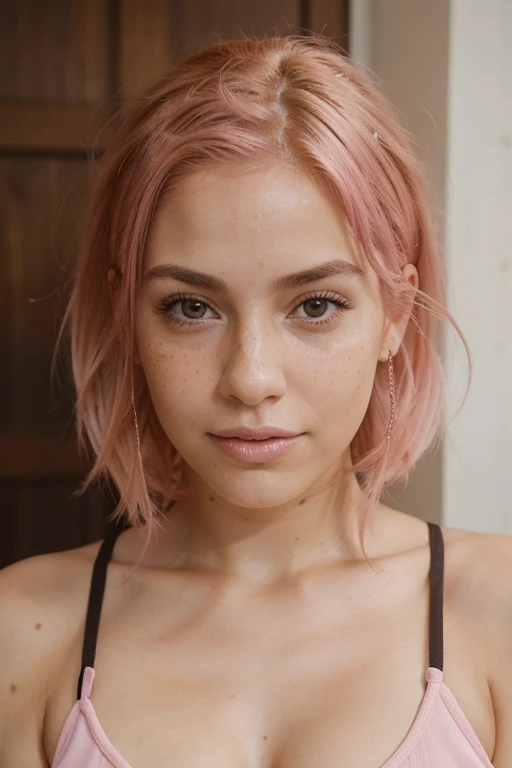 realistic portrait photo of beautiful woman with pink hair, spanish,influencer model,light freckles,Realistic brown eyes,no makeup, at the gym,instagram