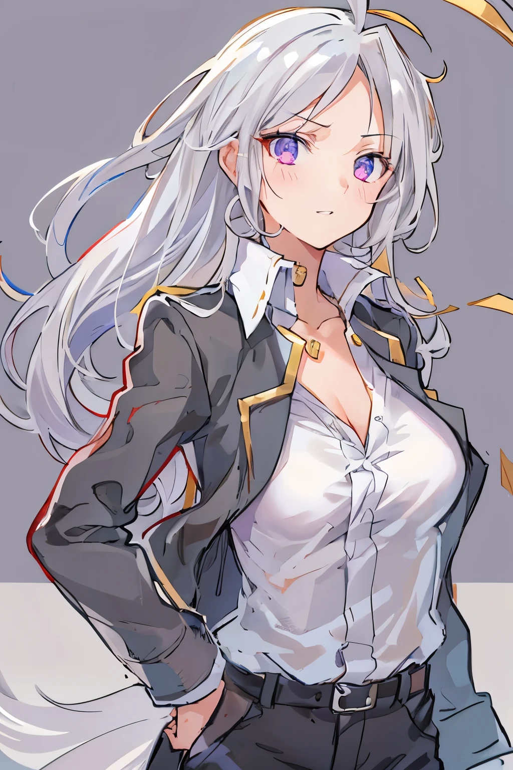 1girl, {alone}, Upper body ,{{ {looking for at viewer}}},{{{Golden pupil}}}, arm at side, concept art, white returnground, simple returnground, gray hair, Silver Gradient Hair , Goldeye,complex cloth, Asymmetrical clothing, Virtual YouTuber, highest quality, masterpiece, dynamic angle, disgaea style, disgaea style, disgaea style, From above, leaning forward, high ponytail, cowboy_shot, looking for_return, grab, girl,woman,woman, young,20-year-old, very long hair, flipped hair, silver hair, flowing hair, Ahoge, grin, beautiful and delicate golden eyes, teeth, Moderate_chest, blond eyes, grey Clothes, gray coat, white shirt, black pants, open jacket, black clothes,transparent_returnground, returnlighting, disorganized, High resolution, Super detailed,