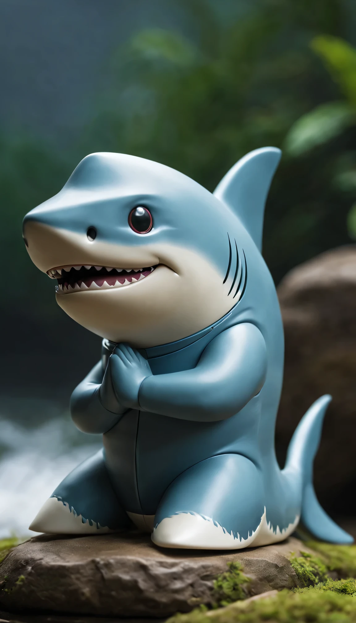 masterpiece, best quality,Blind box toy style, Ghibli style colors, from the side, atmospheric perspective, F/1.8, ultra high definition, masterpiece, precise, high detail, high quality, high resolution, shark, meditation, hands crossed, China Xiangyun, About, flowing,