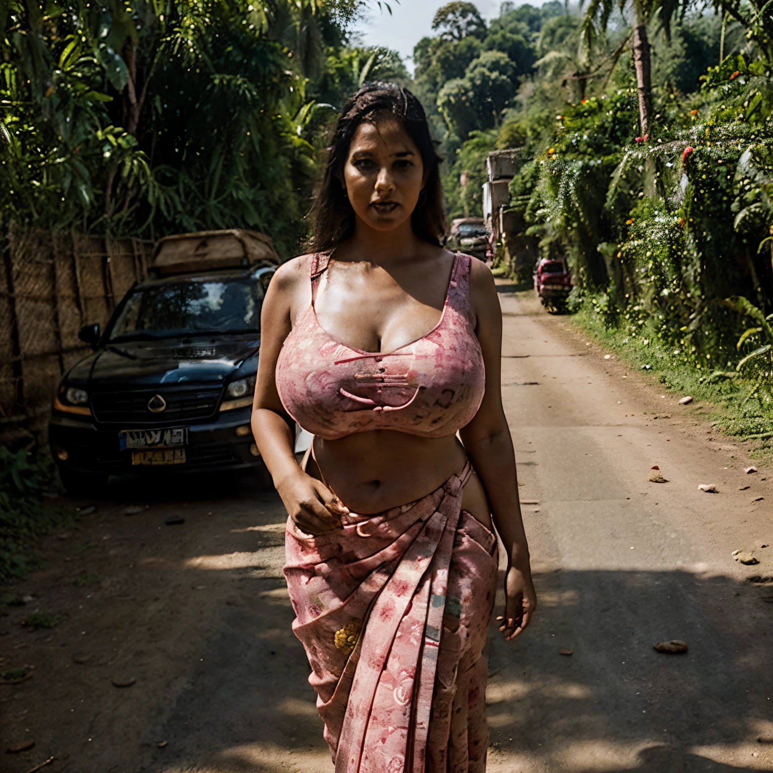 "Generate an image of a thick women with huge breasts in pink saree standing beside a black car navigating a narrow path through an Indian village surrounded by dense jungle. Capture the juxtaposition of modern transportation against the backdrop of rural life and lush wilderness, highlighting the unique blend of urban and natural elements in this scene."