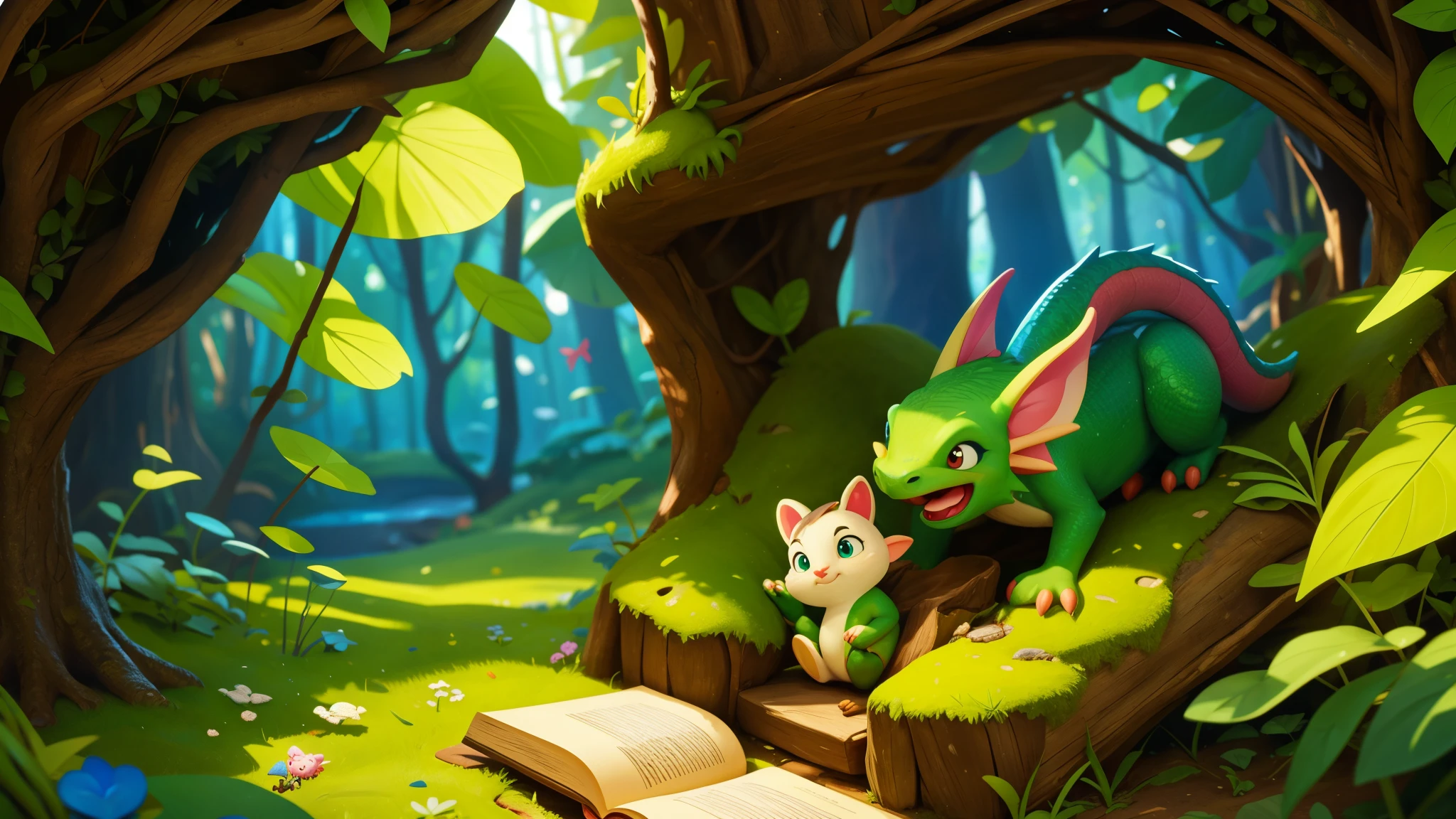 A little dragon finding a book in a cave, fantasy forest