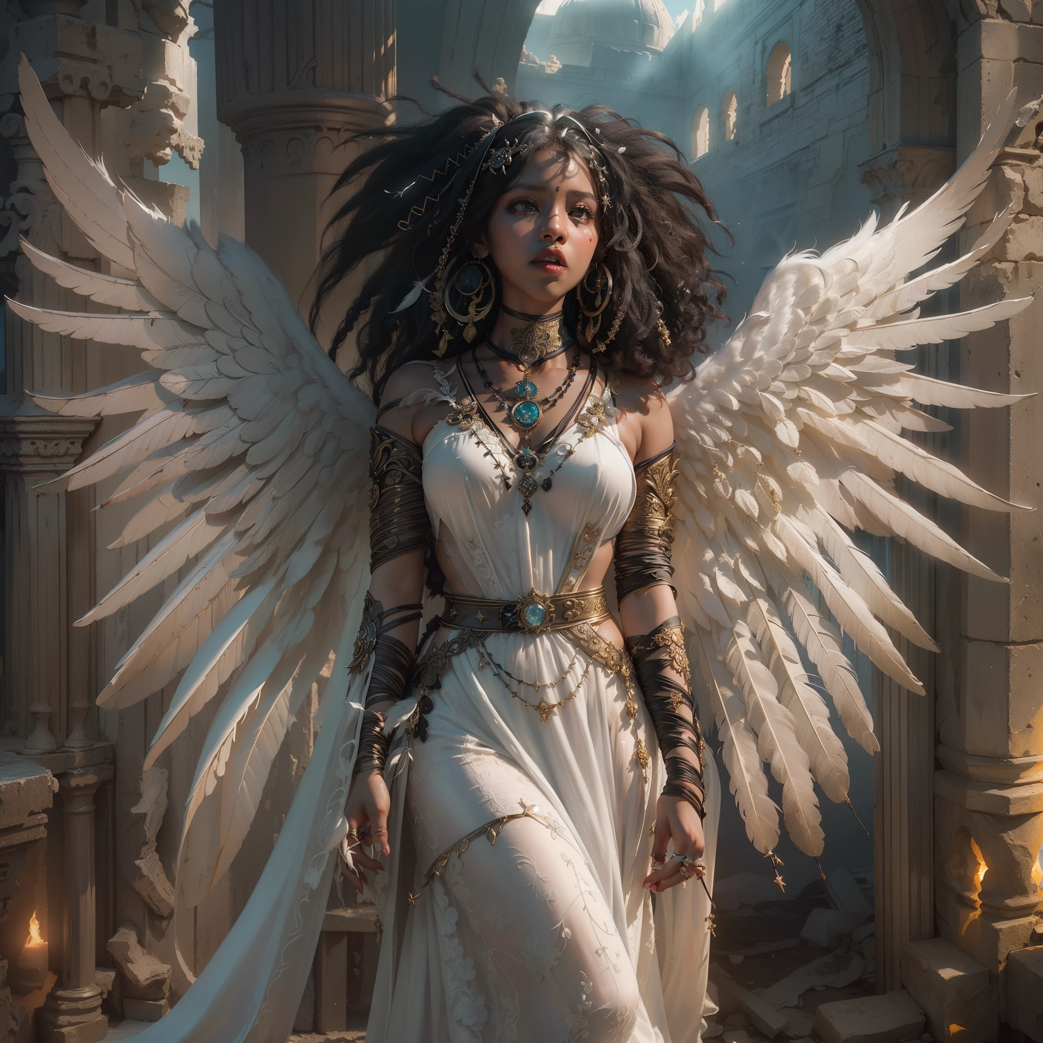 (Numerous award-winning masterpiece s, incredibly detailed, textures and maximum detail), (full body standing image:1.8), (upper body close-up:0.3), ((beautiful black woman)), (hyper realistic:1.4), (realistic:1.3), (top quality real texture skin), (dense true circle symmetrical eyes), (finely painted beautiful face), (angelic ring of divine radiance overhead:1.8), ((medieval world)), (finely crafted graceful divine white garment: 1.8), (black angel or white angel of the Lord: 1.6), (full body standing Image: 1.8), (beautiful and gentle eyes), (she is smiling blissfully), (beautiful colored eyes filled with compassion), (full body standing Image: 1.8), shining majestic cloud masses and sky, (halo optical phenomena: 1.3), (angels dancing in the background), (dramatic light), (magnificent scene), (her expression is gentle and very beautiful, full of tenderness), ((large wings with pure white feathers behind her shoulders)), (((folded wings))), glass earrings in her ears, (((dramatic photo))), (twilight), (sunset), (dusk), (sacred pose), (golden hair), (silver hair), (chestnut hair), beautiful hair, ((looking up)), ((looking down)), ((gives full-length standing image)), (simple necklace with elaborate workmanship around her neck), old ruins infested with plants, great temple, cathedral, temple ruins, remote temple, (glowing magic circle), ancient castle ruins Deserted ruins, Crumbling ruins, Ancient ruins with clear water, Sacred light, epic realistic, ((neutral)), (HDR:1.5), (subdued colors:1.2), highly detailed, cinematic, warm light, dramatic light, (complex details:1.1), complex background, highly detailed, ultra-realistic (artwork), ((masterpiece,top quality)), ((cinematic light)), scary, dark fantasy, faded, ((neutral color)), art, (art station:1.5), light effect, dramatic light, (intricate detail:1.1), intricate background, ( Greg Rutkowski:0.8), (teal and orange:0.4), ((beautiful black woman:1.6))