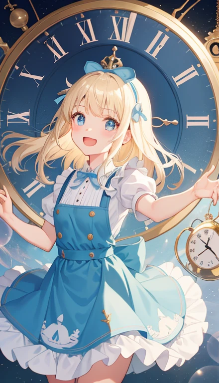 1 girl、laughter、light blue dress、white apron、blonde hair、ribbon、clock、wonderland、(small breasts)、movement、