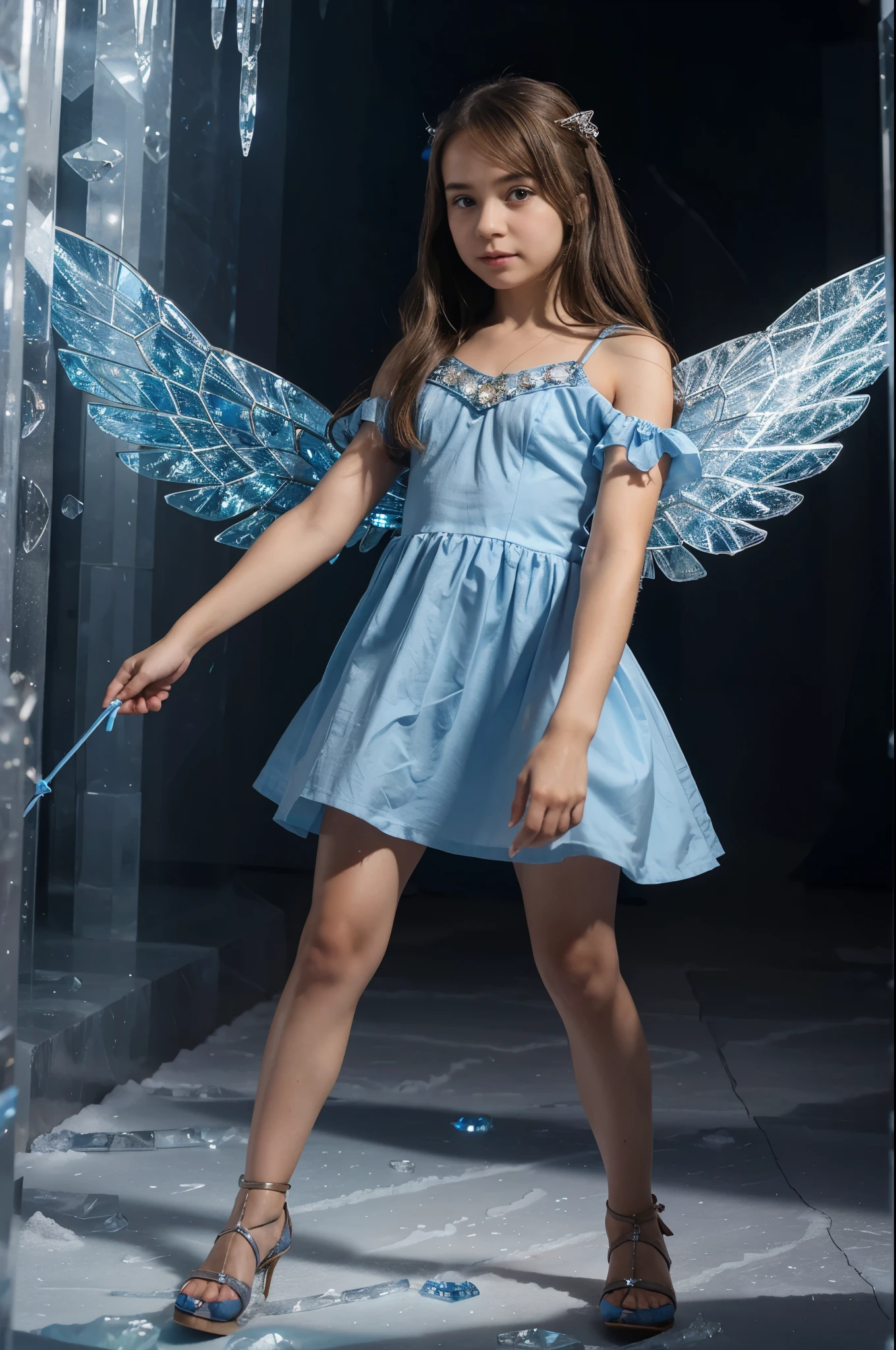 a woman with a little girl with brown hair in an airy blue dress and shoes with crystal wings with a magic wand in their hands are flying in an ice castle, full-face faces