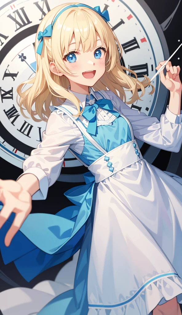 1 girl、laughter、light blue dress、white apron、blonde hair、ribbon、clock、wonderland、（small breasts）、movement、