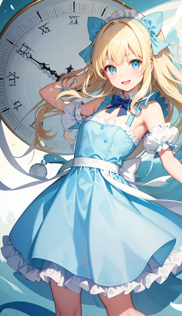 1 girl、laughter、light blue dress、white apron、blonde hair、ribbon、clock、wonderland、(small breasts)、movement、