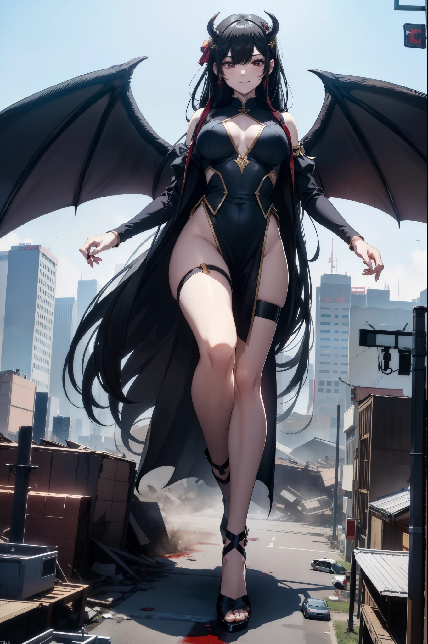 Aerial View，giant girl 50,000 feet high，Have a pair of long legs，Possessing a pair of huge demon wings，Princess，Has waist-length black hair，loose hair，Wearing a pair of Mary Jane heels，black curly hair，A look of enjoyment，Standing over a ruined city，城市到处是blood stains，Beautiful appearance，Exquisite makeup，quality，8k，高quality，(governor:1.5)，Perfect proportion, Cinema lighting，film grain，Fuji colors，8k，textured skin，Super details，high detail，high quality，high resolution，explode，fake smile，blood stains，脚底有blood stains