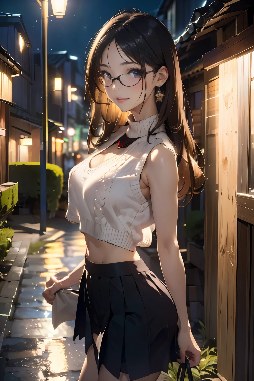 (masterpiece:1.3), high resolution, ultra detailed, extremely detailed CG unity 8k wallpaper, realistic, photo-realistic, RAW photo, beautiful detailed face, pale skin, realistic glistening skin, detailed cloth texture, detailed hair texture, Perfect body, Beautiful Face, accurate, Anatomically correct, Highly detailed face and skin texture, natural neck length, (beautiful hands), (fair skin:1.2), Thin legs, Thin feet, 
BREAK, 
Detailed eyes, symmetric eyes, Light Brown eyes, Double eyelids, Thin eyebrows, (Glossy lips:1.4), (gently smile:1.2), 
BREAK, 
(nsfw:1.2), (A Classy and Cute girl:1.3), (1 girl, one girl), ((wearing a Violet sleeveless keyhole neck midriff sweater:1.3)), (White pleated mini skirt), (long boots), (wearing glasses:1.1), 
(medium large breasts, slender figure, firm abs, firm breasts:1.2), beautiful clavicle, 
(blonde hair, wavy hair, long hair:1.3), ((asymmetrical bangs:1.2)), 
BREAK, 
((Walking in the night office street at Marunouti in Japan:1.3)), (From side:1.2), (looking sideway at viewer:1.2), ((Focus on face:1.2)), (Full body shot:1.2),