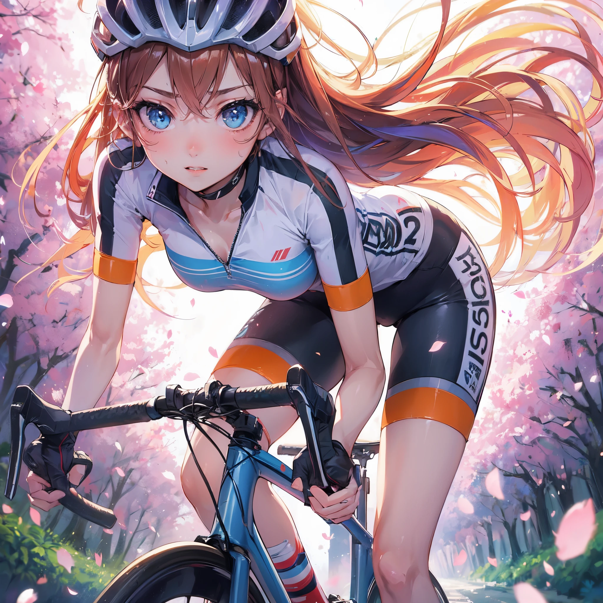 high quality,hd,16k,sharp line,1girl,female cycling athlete ,bycycle,cute face, large breasts, slender body, delicate body,nice legs, sweat,in cycling venue,focus girl,detailed beautiful face,detailed clothes,beautiful eyes,cool,dynamic angle