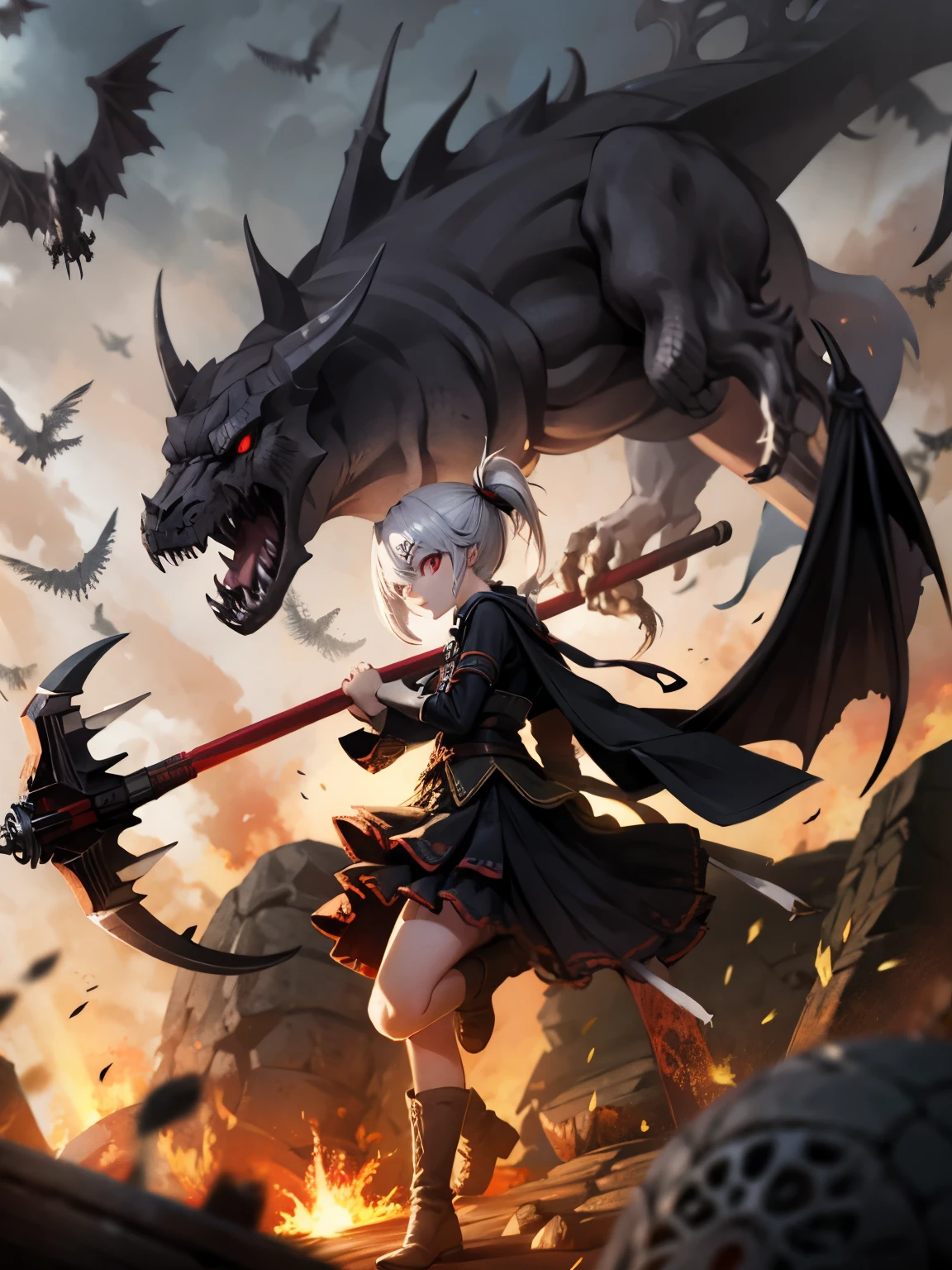 gray hair　red eye　black clothes　the scytheを持っている　boots　eyepatch　Kitchen two disease　cool　Crow　the scythe　dark　dark darkness　大the scythe　grim Reaper　evil　ponytail　stand　dragon