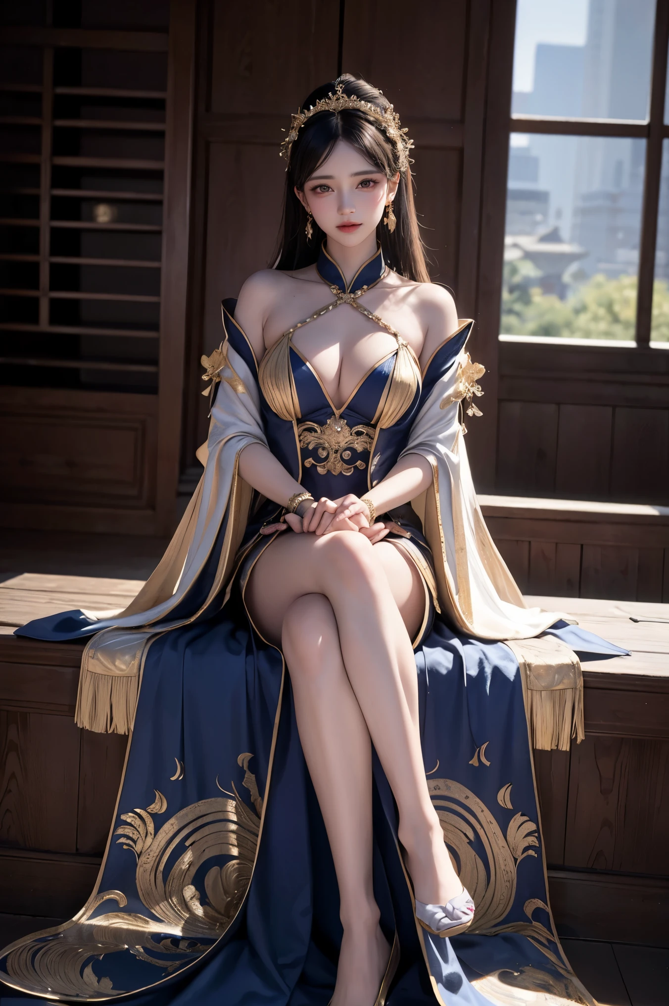 (8k, RAW photo, best quality, masterpiece:1.2),(realistic, photo-realistic:1.37),photo mapping,professional lighting,radiosity,1girl,solo,long_hair,(bracelet:1.1),(long legs:1.2),(earrings:1.1),physically-based rendering,proscenium,performance,be seated,Chinese dress,dark blue and gold dress,shinny dress,Correct hands,hands on legs,
