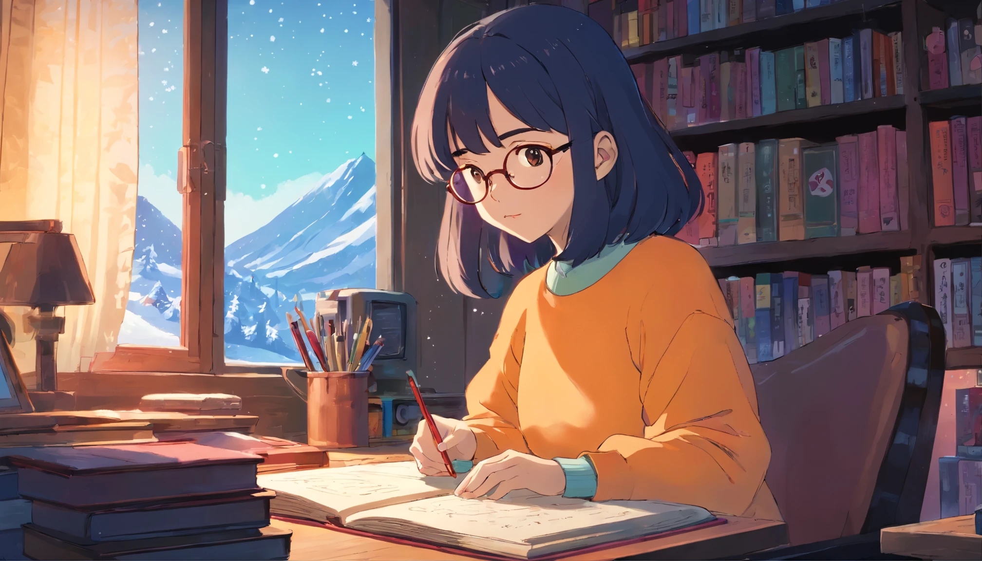 masterpiece, high-quality cg, anime, illustration, best quality, 1 black girl, black skin, no hands visible, beautiful face, detailed face, dokkaebi, solo, looking at viewer, black hair, round glasses, hair behind ears, anime girl studying in her room, dreaming, wearing headphones, too many books, bookshelf, night light, big window view, snowy day, too much snow. Analog color theme. Lo-Fi Hip Hop, retrospective flat. 2.5D. Line Drawing, Ink Painting, Big Gradient, Watercolor Painting, Goose Color, Studio Ghibli Style, Cool Colorful, Outer Color, krautrock, lofi art, 70's style, old textures, amplitude, psychedelic vibes, masterpiece, Amazing technology.