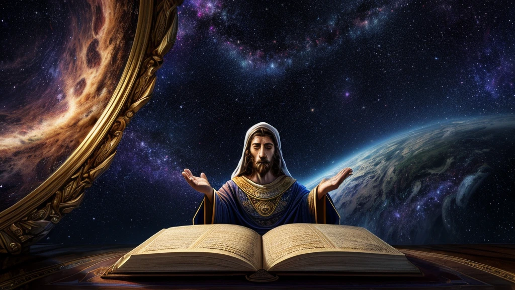 Generate a powerful and awe-inspiring image that captures the essence of divine authorship. Picture Jesus Christ seated, writing in a book resembling the Bible. The setting is against a background of the universe, with stars, galaxies, and cosmic clouds providing a realistic and magnificent atmosphere.
Specific Elements:
Jesus Writing:
Showcase Jesus in a seated position, clad in iconic robes, focused on writing in a book placed on a divine surface. Ensure a sense of serenity and purpose in His expression.
Biblical Book:
Craft the book Jesus is writing in to closely resemble the Bible, featuring intricate details like ornate covers and aged parchment. Emphasize the significance of divine words being inscribed.
Celestial Background:
Envelop the scene in a breathtaking cosmic background. Illustrate the vastness of the universe with realistic stars, galaxies, and cosmic clouds. Use a color palette that evokes magnificence and divinity.
Earth Below:
Position the planet Earth below the writing scene, appearing small and humble against the cosmic backdrop. Convey the idea of the divine influence reaching every corner of the world.
Lighting:
Implement radiant and celestial lighting, accentuating the divine nature of the moment. Utilize soft glows and highlights to create a sense of warmth and enlightenment.
Details and Realism:
Pay attention to details, ensuring realism in Jesus' depiction, the book, and the cosmic elements. This will enhance the overall impact and make the scene more immersive.
Emotional Tone:
Infuse the image with a serene and reverential emotional tone. Convey a sense of divine purpose and wisdom emanating from the act of Jesus writing in the cosmic expanse.
Overall Atmosphere:
Create an image that seamlessly blends realism with a touch of the divine. The composition should evoke a sense of wonder, connecting the act of Jesus writing with the grandeur of the universe and the profound impact on Earth.