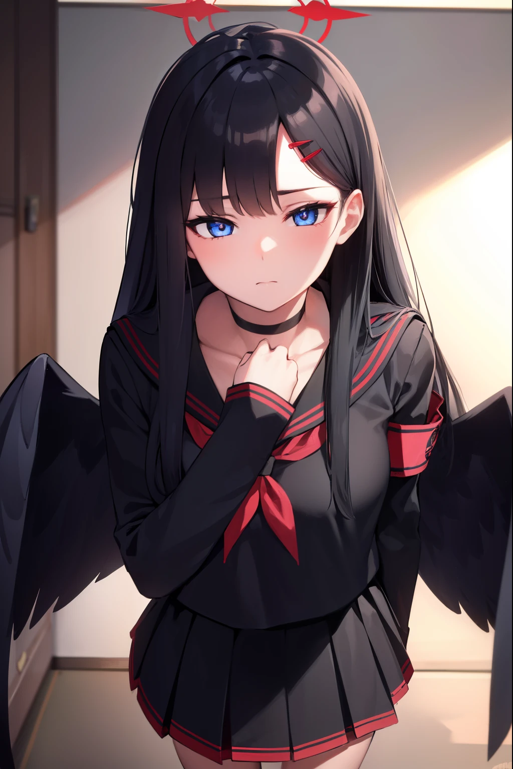 ichikanakamasa, ichika nakamasa, ahoge, black hair, black wings, feathered wings, hair ornament, hairclip, halo, long hair, low wings, red halo, wings,
BREAK armband, black choker, black gloves, black sailor collar, black serafuku, black skirt, choker, gloves, long sleeves, neckerchief, pleated skirt, red neckerchief, safety pin, sailor collar, school uniform, serafuku, skirt,
BREAK looking at viewer, upper body, full body,
BREAK indoors, classroom,
BREAK (masterpiece:1.2), best quality, high resolution, unity 8k wallpaper, (illustration:0.8), (beautiful detailed eyes:1.6), extremely detailed face, perfect lighting, extremely detailed CG, (perfect hands, perfect anatomy),