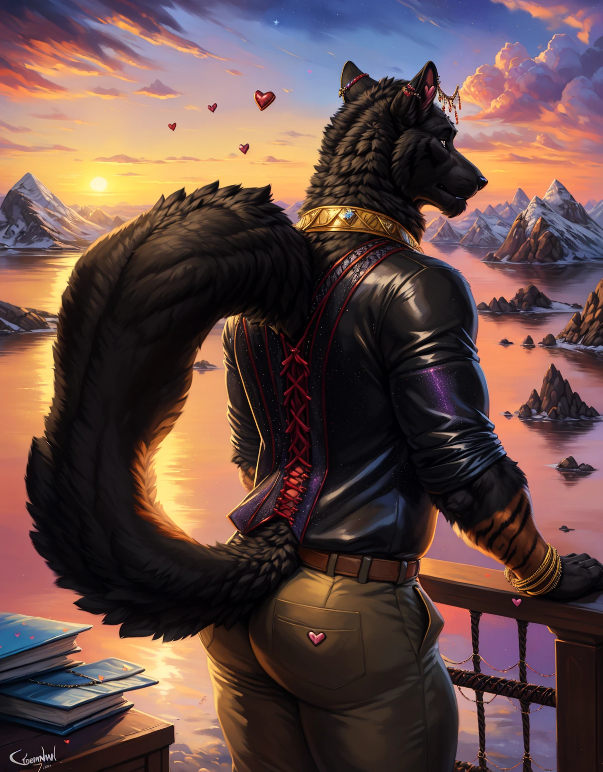 [🏃🏿‍♀️👩‍❤️‍💋‍👩], (absurd res), ((ultra high resolution)), (((beautiful quality))), (isometric view), (breathtaking painstakingly detailed background), (impressive lighting), (sunset clouds), (floating hearts), ((sparkles)), confetti, sunlight, ⫷|⫸ by foxovh, by sligarthetiger, by cumbread, by gammainks, by seibear, by lollipopcon, by dizzyknight, by greasymojo, by xpray, by roly, by personalami, by honovy, by thebigslick, by taran fiddler, by kenket, ⫷|⫸ jewelry, necklace, bracelet, colorful accessories, ear accessory, arm accessory, neck accessory, (leg accessory), ⫷|⫸ (fuzzy furry body:1.6), (detailed face), (tall body), tall ears, fur pattern, (raised tail), [slightly chubby anthro], (mature male:1.5), (dark black fur:1.7), (a black tiger), professional photoshoot, (laced clothing:1.6), (presenting hindquarters), huge ass, khaki pants, (brown anus),
