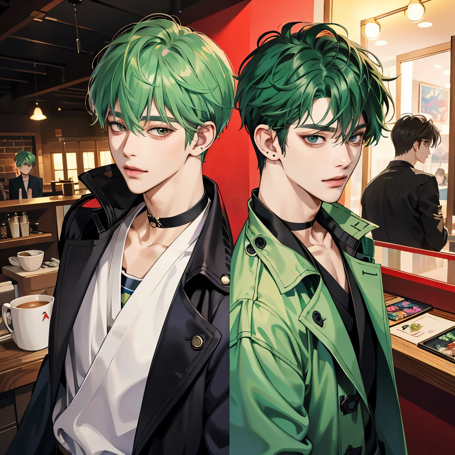 Guviz-style artwork, Made at Anime Painter Studio, anime realismスタイル, realistic anime art style, Drawn at Anime Painter Studio, Inspired by Kim Taehyung, In an anime style, anime handsome man, Inspired by Kim Taehyung, anime realism、Green hair、A sloppy smile、choker、Multiple piercings、Man with short hair、One man、Inspired by Kim Taehyung、Inspired by Kim Taehyung、gray eyes、trench coat、morning、Cafe、One man、Inspired by Kim Taehyung、