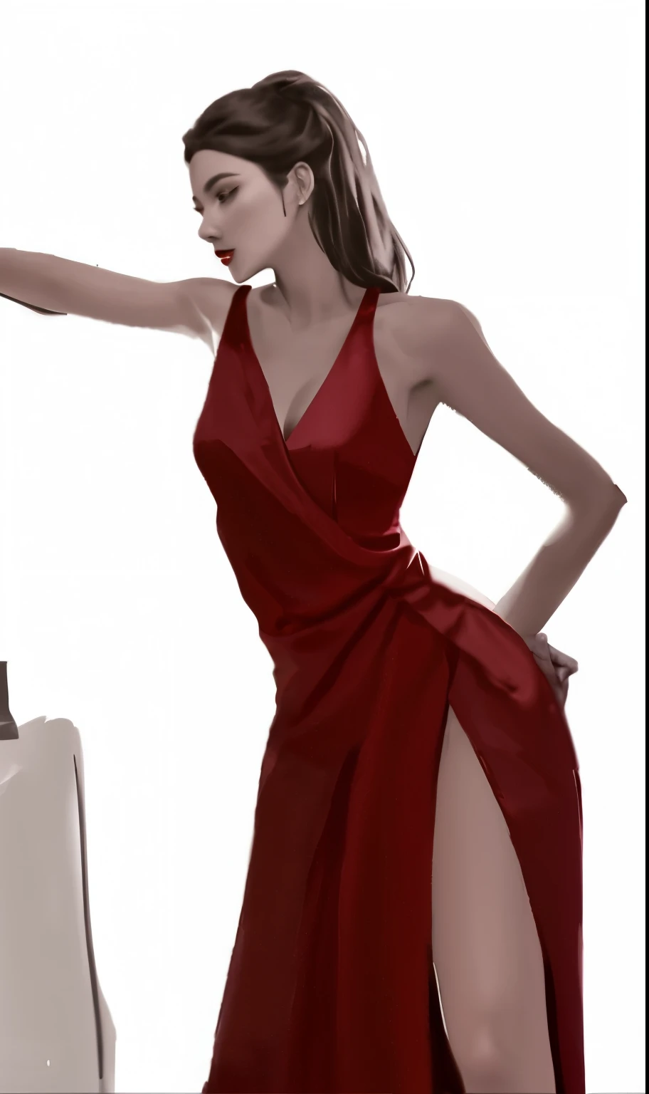 arafed woman in a red dress leaning on a chair, Digital art of elegance, grayscale phtoto with red dress, red dress, wearing a red dress, wearing red dress, in a red dress, girl wears a red dress, Red clothes, Flow series, fully dressed. drawing of sexy, sexy red dress, Woman in dress