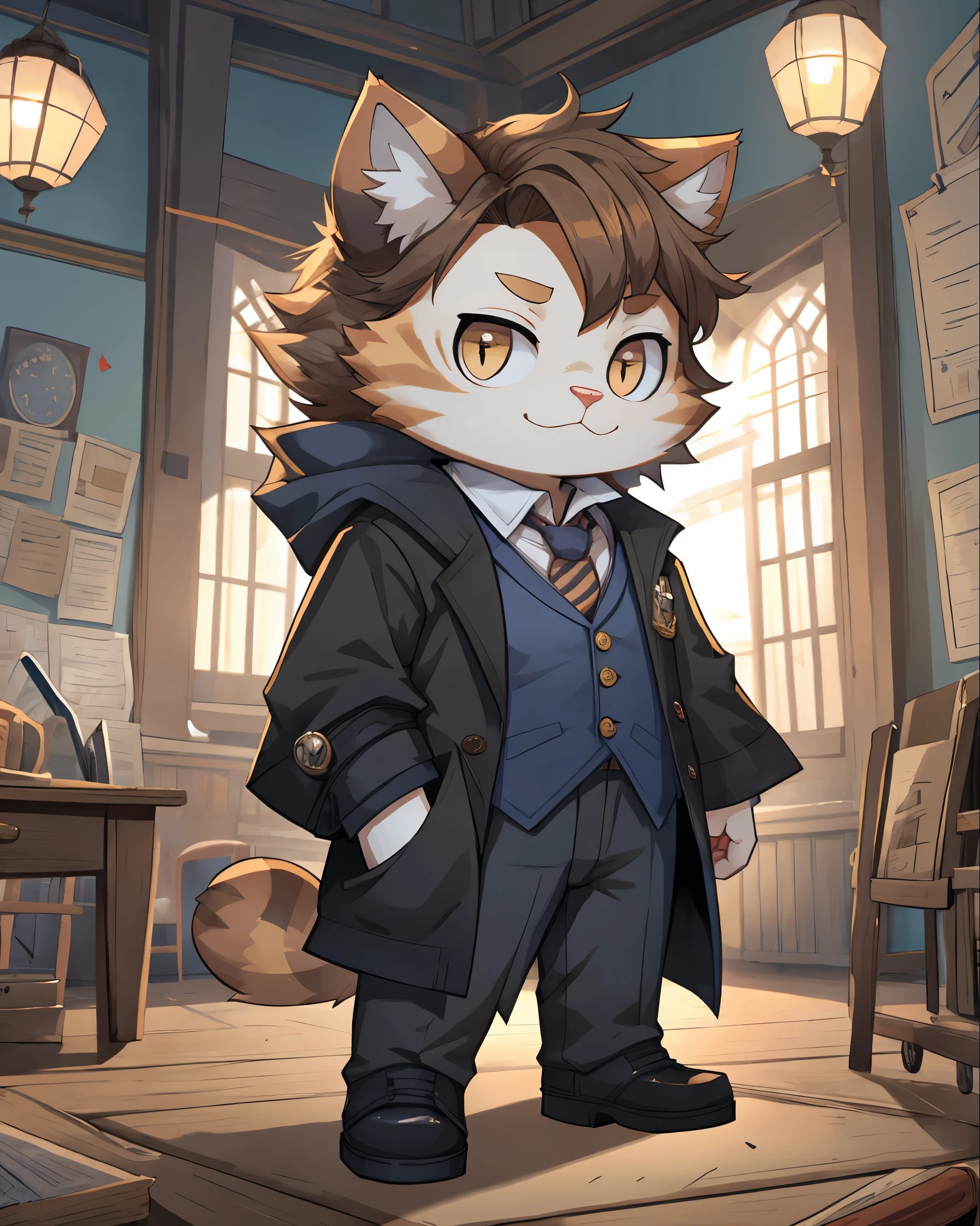 Cat dressed as a Harry Potter, chibi, standing, background Wizardry School Building, stunning style