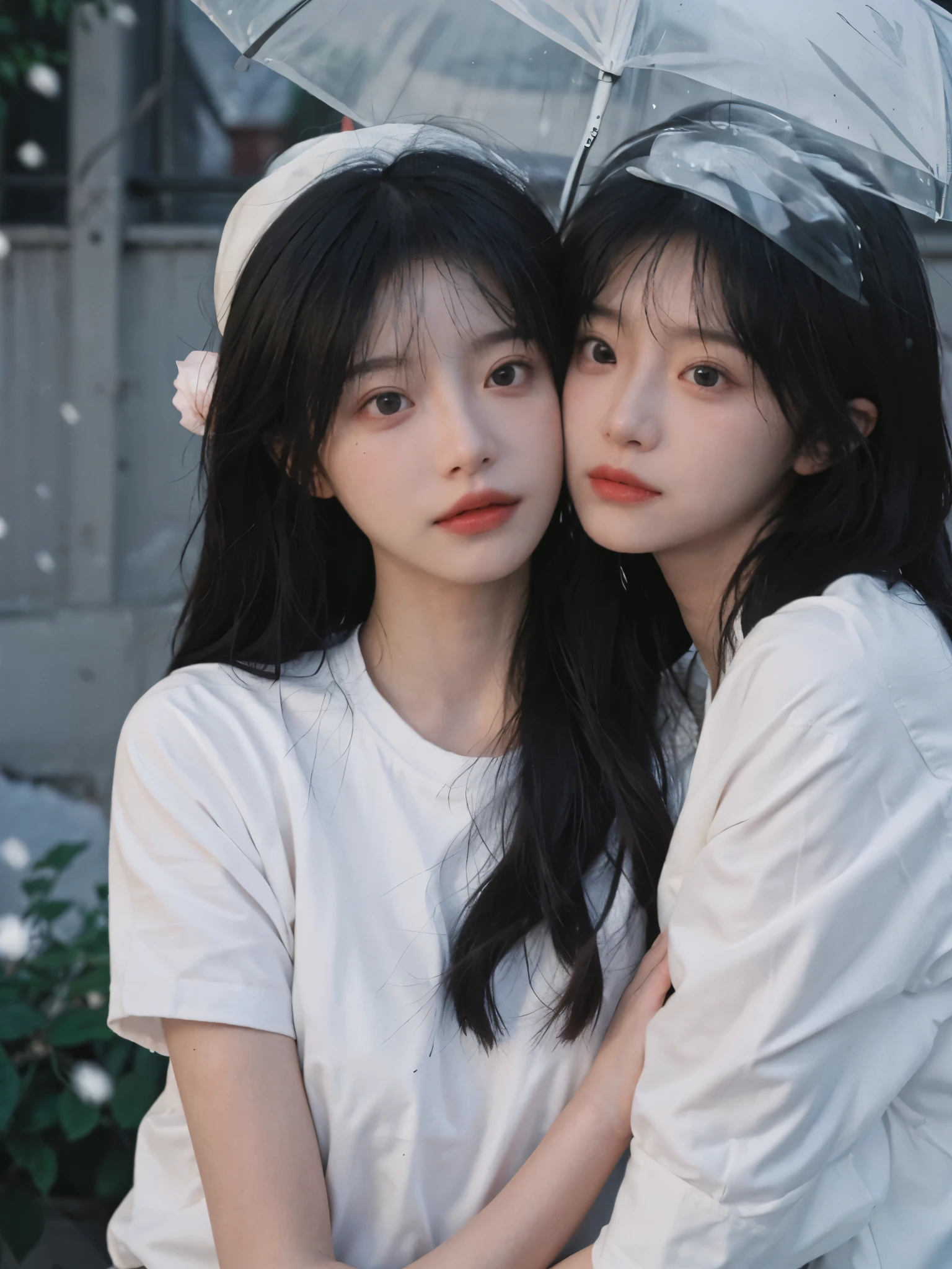 best quality, ultra high resolution, White background,(realistically:1.4), 2 girls, White short sleeves,twin? rain of roses,A pair of eyes as clear as snow,Royal sister,looking at the audience, close up ,