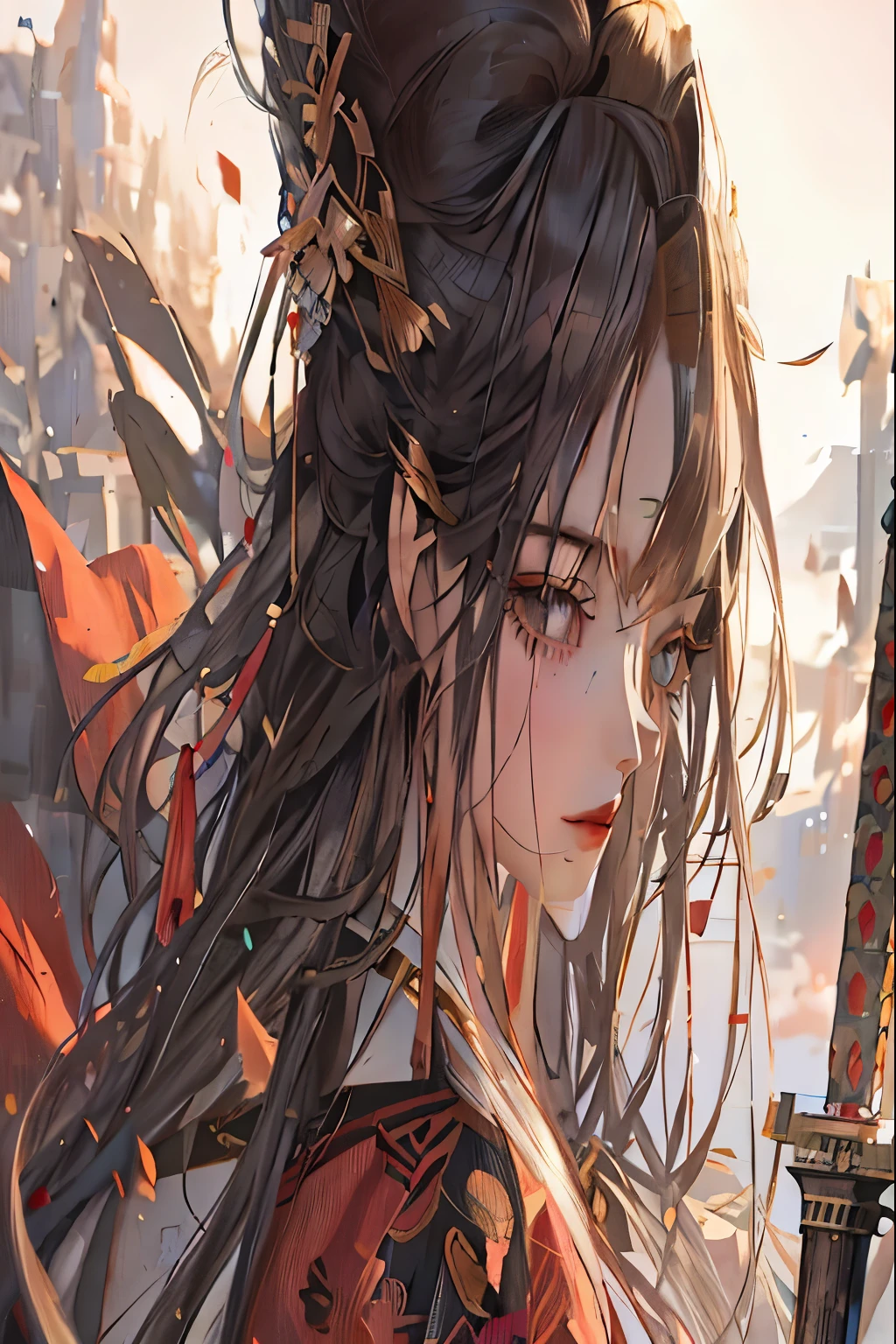 anime long hair girl holding a sword in front of a mountain, palace ， A girl wearing Hanfu, Beautiful anime portrait, Detailed digital animation art, author：Yang Jie, Stunning anime face portraits, Detailed portrait of anime girl, anime style 4k, anime long hair girl, anime art wallpaper 8k, Anime girl profile, Popular topics on cgstation