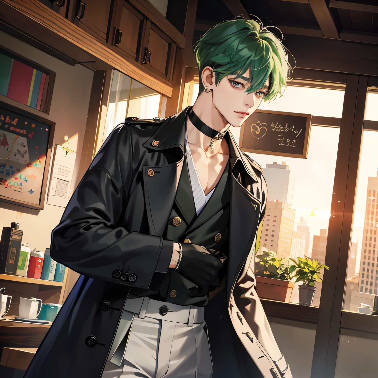 Guviz-style artwork, Made at Anime Painter Studio, anime realismスタイル, realistic anime art style, Drawn at Anime Painter Studio, Inspired by Kim Taehyung, In an anime style, anime handsome man, Inspired by Kim Taehyung, anime realism、Green hair、A sloppy smile、choker、Multiple piercings、Man with short hair、One man、Inspired by Kim Taehyung、Inspired by Kim Taehyung、gray eyes、trench coat、morning、Cafe、One man、Inspired by Kim Taehyung、