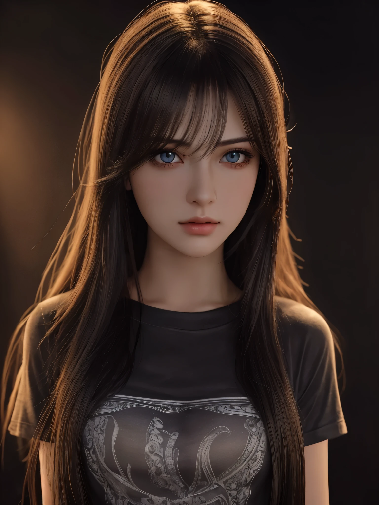 best quality, masterpiece, ultra high resolution, (lifelike:1.37), original photo, 1 girl, long hair, beautiful eyes, beautiful face, Detailed eyes and face, t-shirt, dynamic lighting, in the darkness, deep shadow, low profile, cowboy shooting