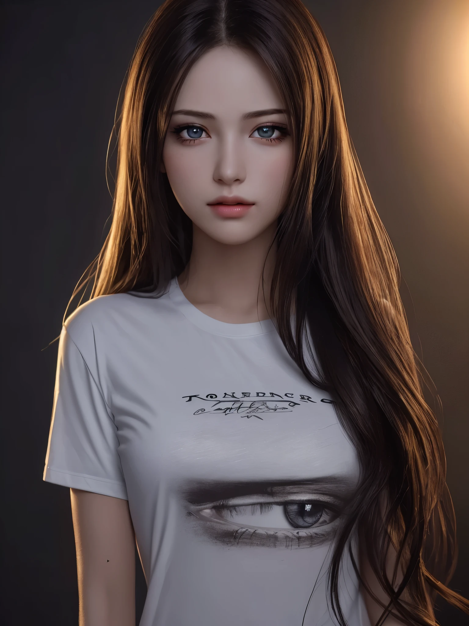 best quality, masterpiece, ultra high resolution, (lifelike:1.37), original photo, 1 girl, long hair, beautiful eyes,  beautiful face, Detailed eyes and face, t-shirt, dynamic lighting, in the darkness, deep shadow, low profile, cowboy shooting