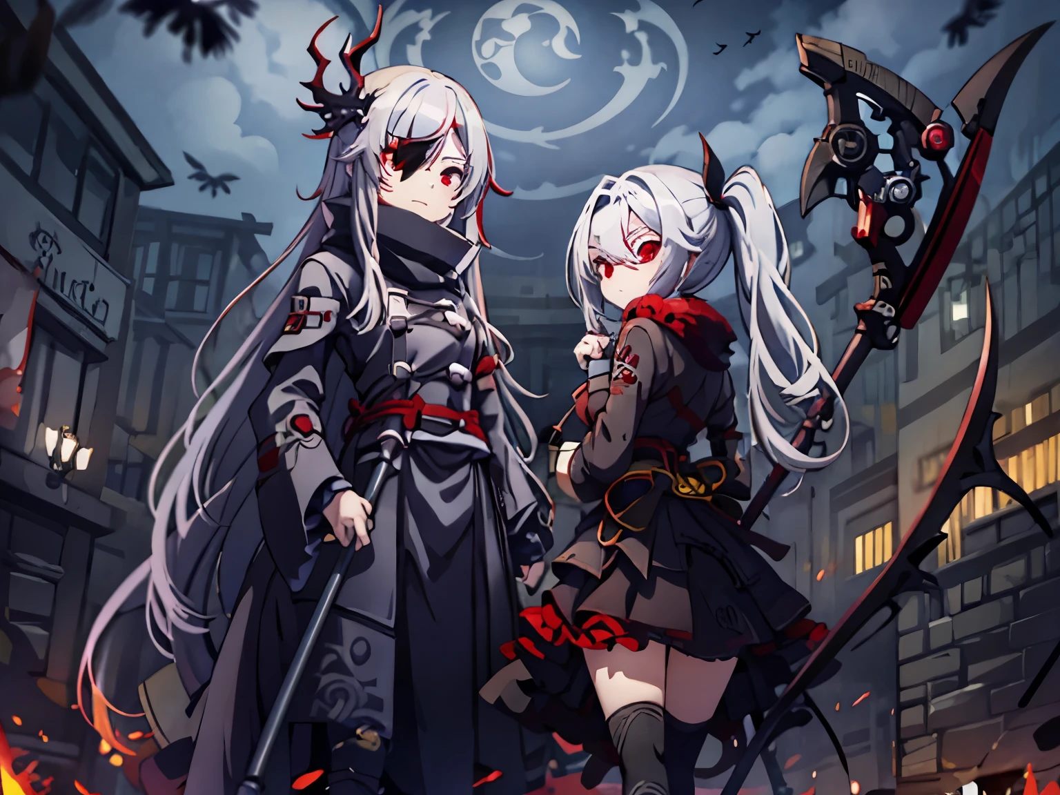 gray hair　red eye　black clothes　the scytheを持っている　boots　eyepatch　Kitchen two disease　cool　Crow　the scythe　dark　dark darkness　大the scythe　grim Reaper　evil　ponytail　long coat　sefu　ラスsefu　Red Moon　Blindfold　dragon