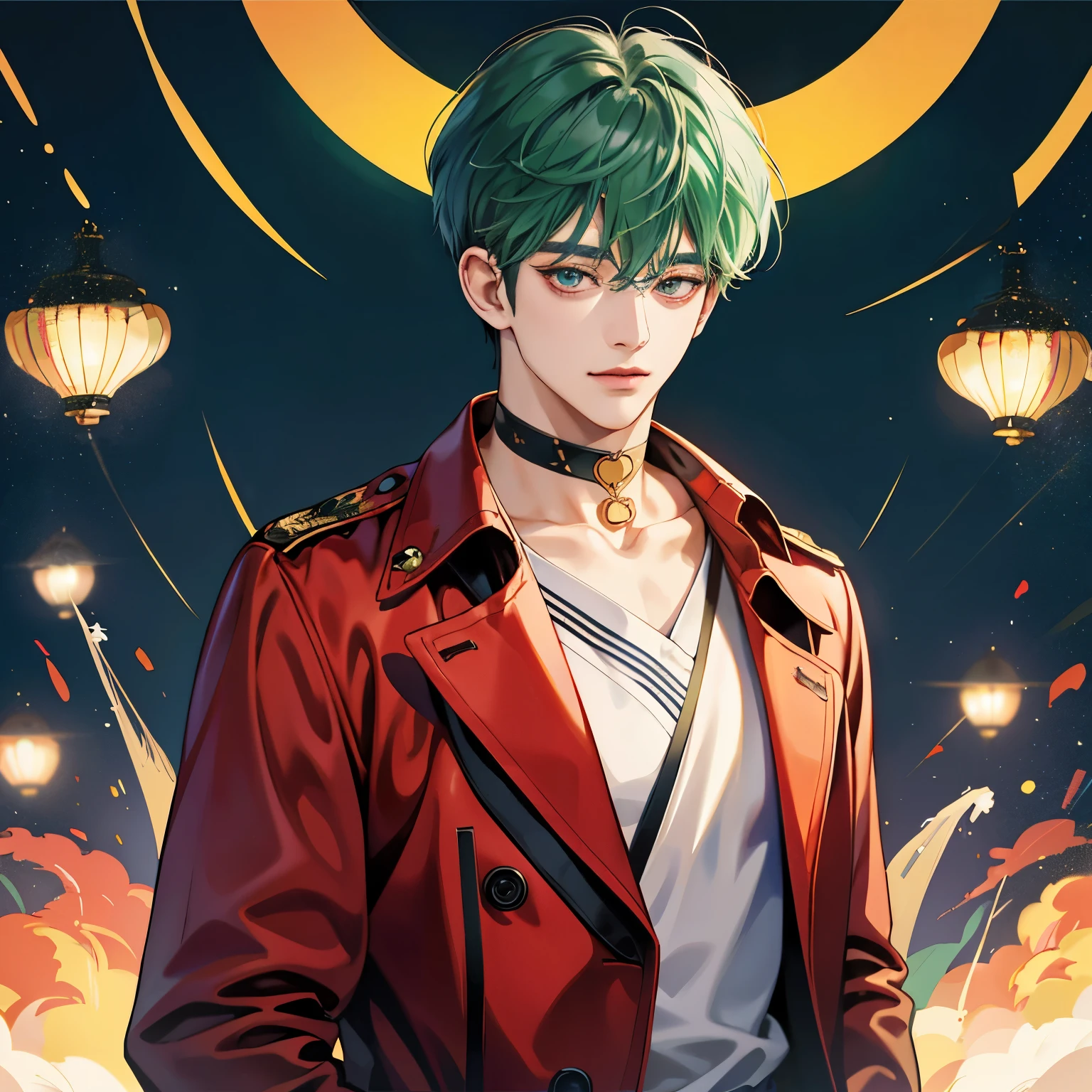 Guviz-style artwork, Made at Anime Painter Studio, anime realismスタイル, realistic anime art style, Drawn at Anime Painter Studio, Inspired by Kim Taehyung, In an anime style, anime handsome man, Inspired by Kim Taehyung, anime realism、Green hair、A sloppy smile、choker、Multiple piercings、Man with short hair、One man、Inspired by Kim Taehyung、Inspired by Kim Taehyung、gray eyes、trench coat、morning、Cafe、One man、Inspired by Kim Taehyung、