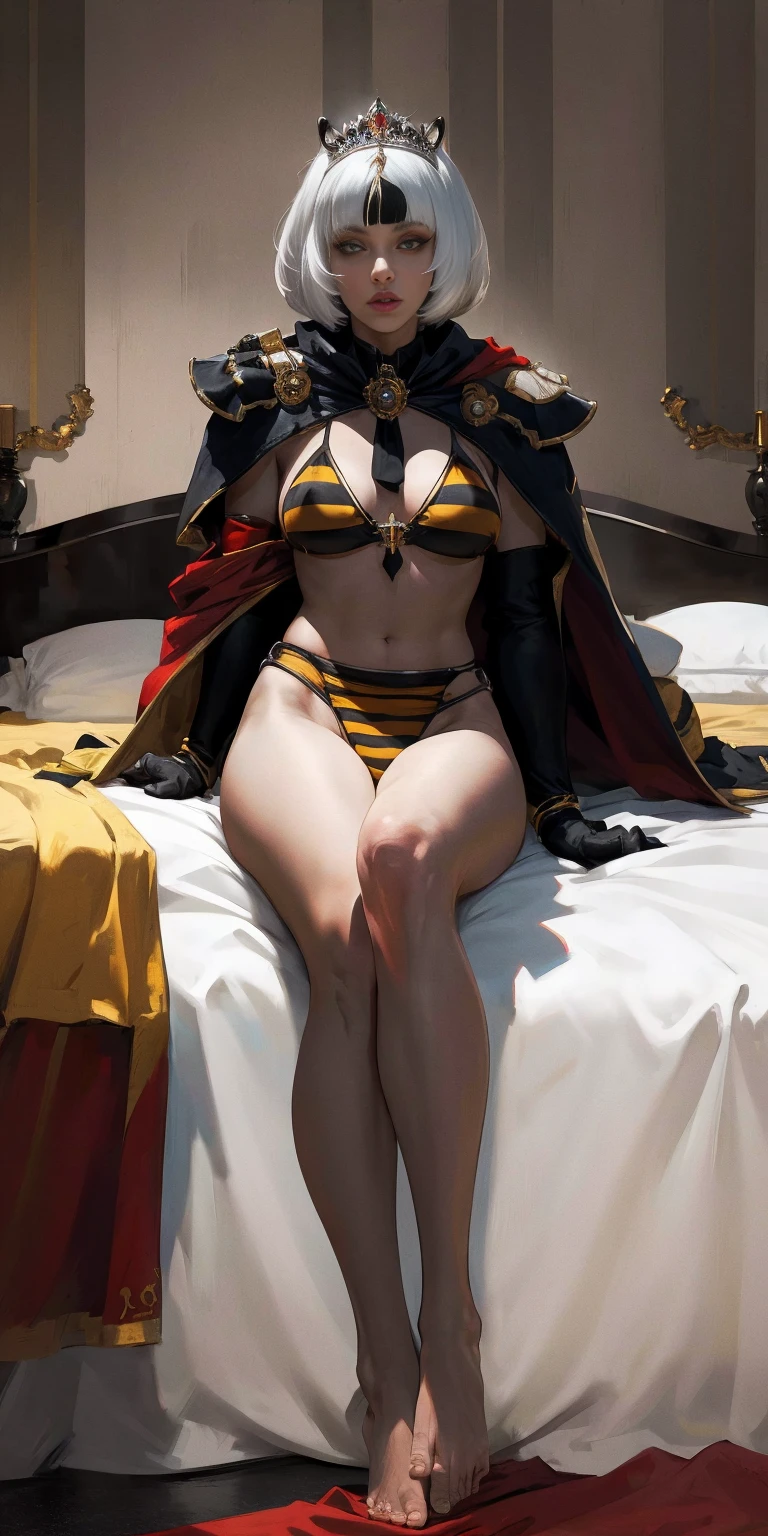 White hair, bob haircut with bangs. 16k ultra hd, portrait, photorealistic, fullbody, bedroom background, royal bedroom, black gloves, black socks, tiara, white hair, laying down on bed, red cape, yellow bikini with tiger stripes, barefoot