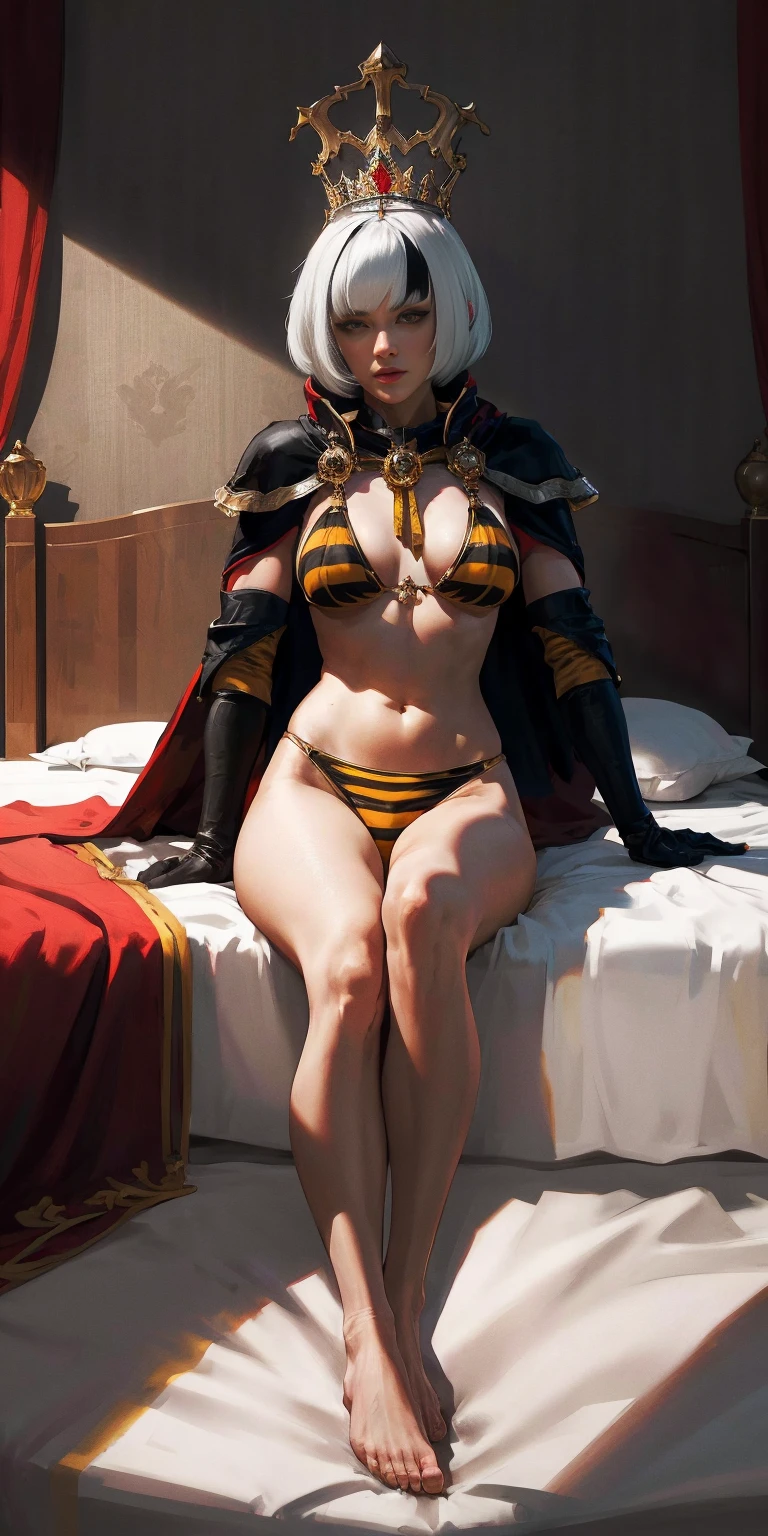 White hair, bob haircut with bangs. 16k ultra hd, portrait, photorealistic, fullbody, bedroom background, royal bedroom, black gloves, black socks, tiara, white hair, laying down on bed, red cape, yellow bikini with tiger stripes, barefoot