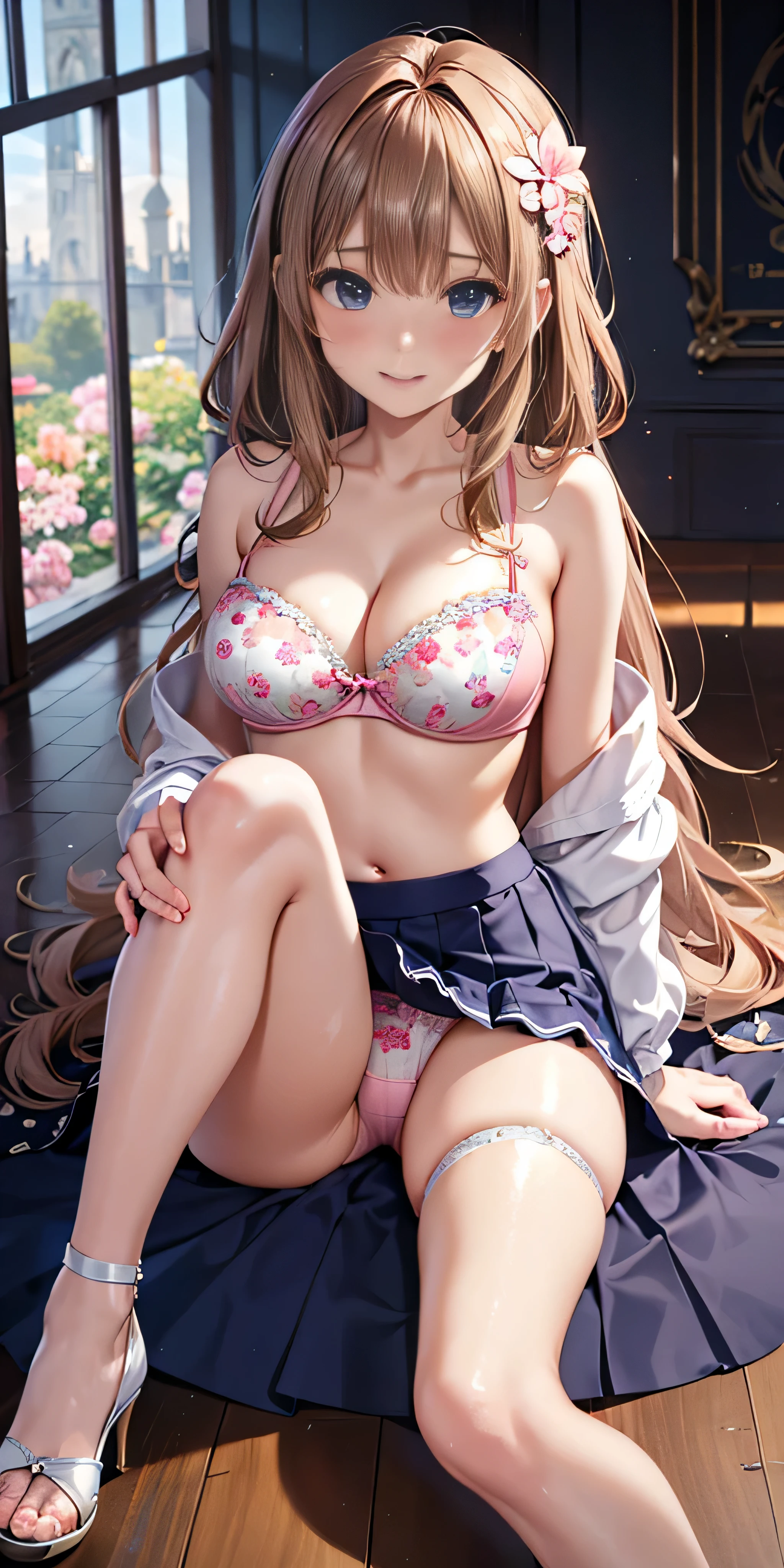 table top, highest quality, Highly detailed CG Unity 8K wallpaper, sexy witch , long dark blonde wavy hair、off shoulder knit, dark blue pleated skirt, medium milk, saggy breasts, cleavage, blush, shy smile, bare shoulders, (white pink floral panties、、Bra with pink floral pattern on a white background、show panties、((open your legs))）high heels、nice magic book、Castle Church、sexy pose、Sit on the floor、side boob、