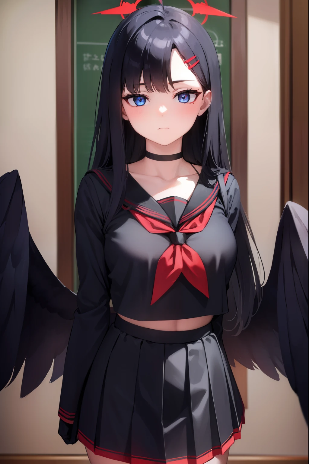 ichikanakamasa, ichika nakamasa, ahoge, black hair, black wings, feathered wings, hair ornament, hairclip, halo, long hair, low wings, red halo, wings,
BREAK armband, black choker, black gloves, black sailor collar, black serafuku, black skirt, choker, gloves, long sleeves, neckerchief, pleated skirt, red neckerchief, safety pin, sailor collar, school uniform, serafuku, skirt,
BREAK looking at viewer, upper body, full body,
BREAK indoors, classroom,
BREAK (masterpiece:1.2), best quality, high resolution, unity 8k wallpaper, (illustration:0.8), (beautiful detailed eyes:1.6), extremely detailed face, perfect lighting, extremely detailed CG, (perfect hands, perfect anatomy),