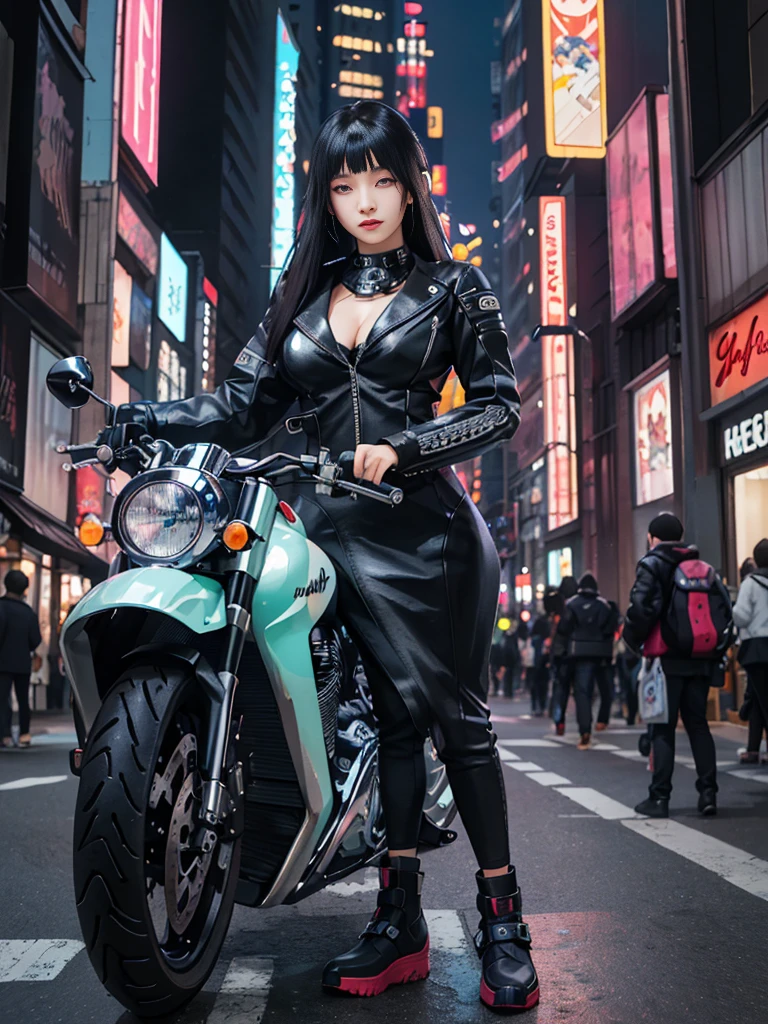 Masterpiece, Best quality, Confident cyberpunk girl, Full body shot, ((Stand in front of the motorcycle)), Popular costumes in Harajuku style, Bold colors and patterns, Eye-catching accessories, Trendy and innovative hairstyle, Vibrant makeup, Cyberpunk's dazzling cityscape, skyscrapper, Neon signs, LED lights, Bright and vivid color scheme, anime big breast, illustration, Detailed skin texture, Detailed cloth texture, Beautiful detailed face, Intricate details, Ultra detailed,perfect bang, black hair, detailed eyes.