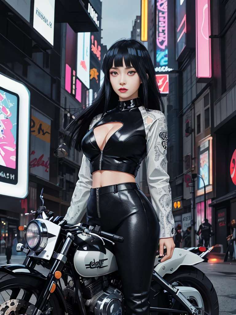 Masterpiece, Best quality, Confident cyberpunk girl, Full body shot, ((Stand in front of the motorcycle)), Popular costumes in Harajuku style, Bold colors and patterns, Eye-catching accessories, Trendy and innovative hairstyle, Vibrant makeup, Cyberpunk's dazzling cityscape, skyscrapper, Neon signs, LED lights, Bright and vivid color scheme, anime big breast, illustration, Detailed skin texture, Detailed cloth texture, Beautiful detailed face, Intricate details, Ultra detailed,perfect bang, black hair, detailed eyes.