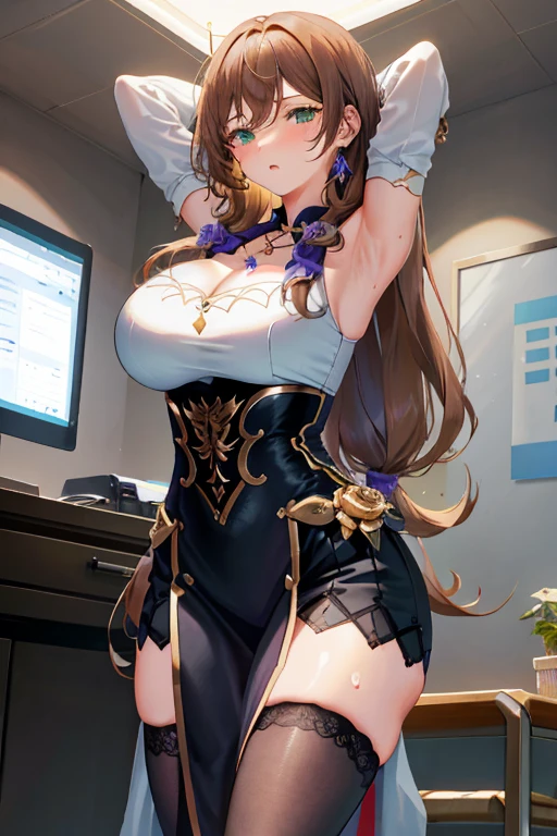 Lisa, genshin impact, 1 girl, alone, ((white shirt)), black Thighhighs, huge breasts, big breasts, cleavage, uniform, office background, black skirt, pleated skirt, office, hair between eyes, messy hair, big breasts, long hair, looking at the viewer, brown hair, red short nails, green eyes, alone, Thighhighs, thighs, very long hair, ((masterpiece)), sitting, Chair, mechanical, computer on mechanical, name tag, id tag, indoor, blush, open your mouth a little, close your eyes, adult women, Ecchi Woman, erotic woman, sweating, I can see through my clothes, Radical stance, cowboy shot, (standing:1.3), (Put your hands behind your head), Pose that shows off your armpits, raise your arms, Curves of the hips, radical look,