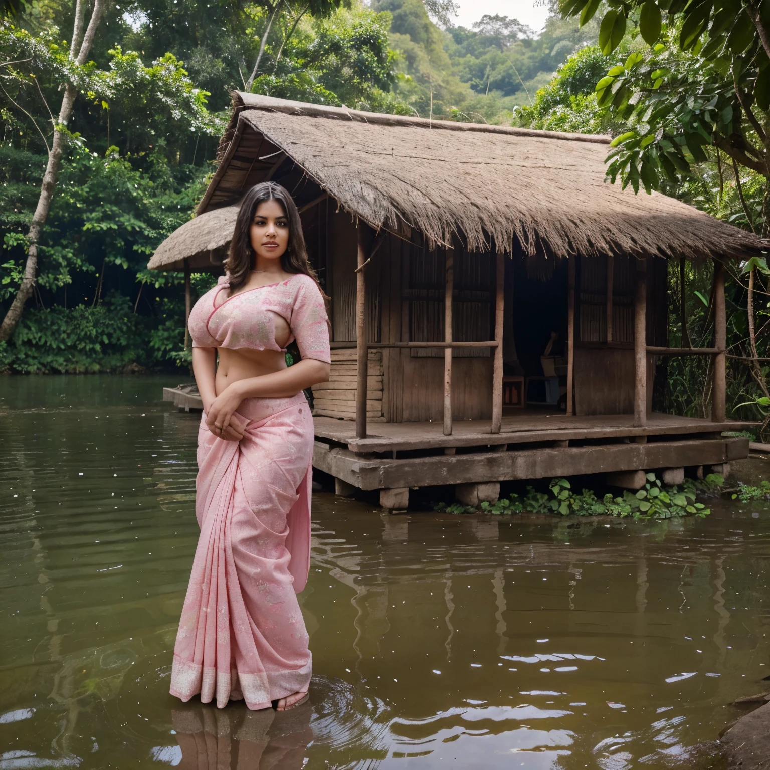 "Generate an image of a thick women with huge breasts in pink saree standing beside a humble hut near a peaceful lake along a secluded path in the heart of an Indian village, surrounded by lush greenery of a deep jungle. Convey the quiet beauty and sense of serenity in this harmonious blend of nature and village life."