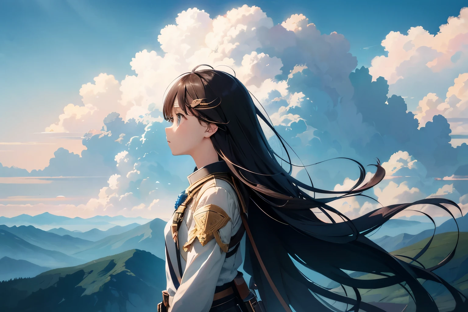 disorganized, High resolution, (official art, beautiful and aesthetic:1.2), close view,
shining sky, vast world, girl, stare, awe-inspiring expression, distant horizon, cloud, High Hill, beauty of nature, Inspiration, light effect,