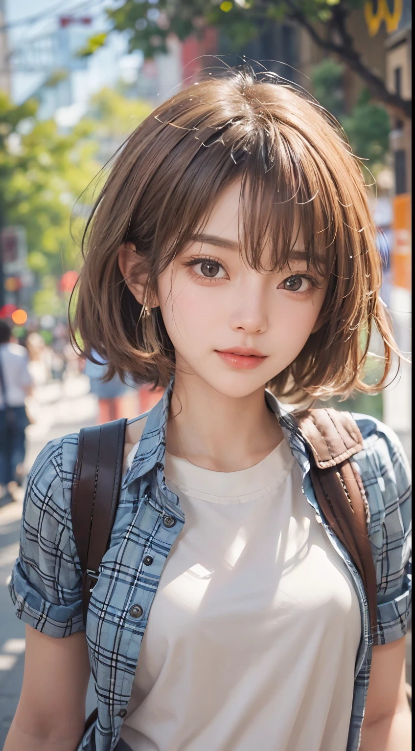 Masterpiece, 1 beautiful girl, detailed eyes, swollen eyes, top quality, super high res, (realism: 1.4), original photo, cinematic lighting, Japanese, very beautiful, beautiful skin, slender, (super realistic), (high res), (8K), (very detailed), (beautifully detailed eyes), (super detailed), ( (detailed face), looking at viewer, very smiling, looking straight ahead, black colored eyes, body facing forward, bright street trees, brown hair color, short cut, urban street trees in background, pretty light blue Y shirt,
