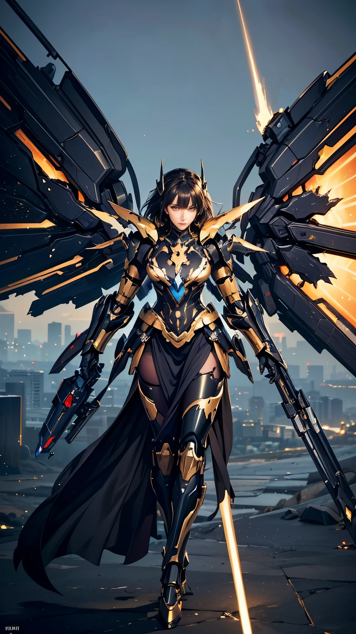 (((((broken to pieces)))))), face close-up, Black mecha, 1 girl, (beautiful girl), glowing eyes, Golden energy sword, galaxy, bare shoulders, Exquisite machinery, details, mech wings, elegant, Black mecha, (), Black armor, Gold pattern, Exquisite machinery, details, Black, Black mech wings, gold light effects, elegant, horn, horn, huge, windy, hazy, Mecha eyes emit golden light, (((Black mecha))), glowing light, Holding an exquisite light energy sword, Sky, Mechanical sophistication, detail, huge mech wings, elegant, best quality, official art, extremely detailed CG Unity 8k wallpaper, Bright golden light, Golden light particles, gold special, (perfect), Thick lines, best quality, masterpiece, beautiful, long eyelashes, extremely detailed background description, Black off-the-shoulder skirt, mottled, shattered, (Character close-up), (Simple and fussy), Plan correctly, precise, Correct hand drawing, Right hand fingers, Sci-fi sense, Future wind, cyberpunk, City的, City, night