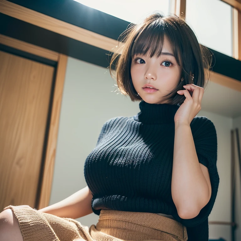 Cute woman wrapped in a fluffy blanket、Japanese、sitting、1 baby girl in、Japanese narrow studio apartment、Hold a ceramic coffee cup with both hands、viewer looking down、photograph、35mmfilm、Sleepy face、short hair、wavy hair、messy hair、Sleeping、no makeup、Plump repest quality,8K, high resolution, muste piece:1.2), Super detailed, (Reality, photorealisticです, photorealistic:1.37), (shoot from below:1.5), front angle, (from below :1.4), (crotch focus:1.2), (Low - Angle:1.2), BREAK is, のbeautiful girl, japanese girl, 1 baby girl, medium bob hair, stunning light brown hair, shining hazel eyes, (plump lips), Narrow waist, curvaceous figure, Navel exposed, red face, dazzling sunlight, Looking at the camera, ((Black knitted sweater, Spread Mini Skirt)),((8K, RAWEphotograph, top quality, supreme masterpiece), 高精細RAWカラーphotographプロのクローズアップphotograph, (Reality, photo realism: 1.39), (Top quality), muste piece, 1 girl, (beautiful girl, delicate girl:1.3),very fine definition, (symmetrical eyes:1.3), Big eyes,,slightly sagging eyes,((16 years old))、Shoulder-length brown bob cut,not wearing makeup,thin eyelashes,natural light makeup,natural color lip, Idol type,Big breasts that are about to burst,