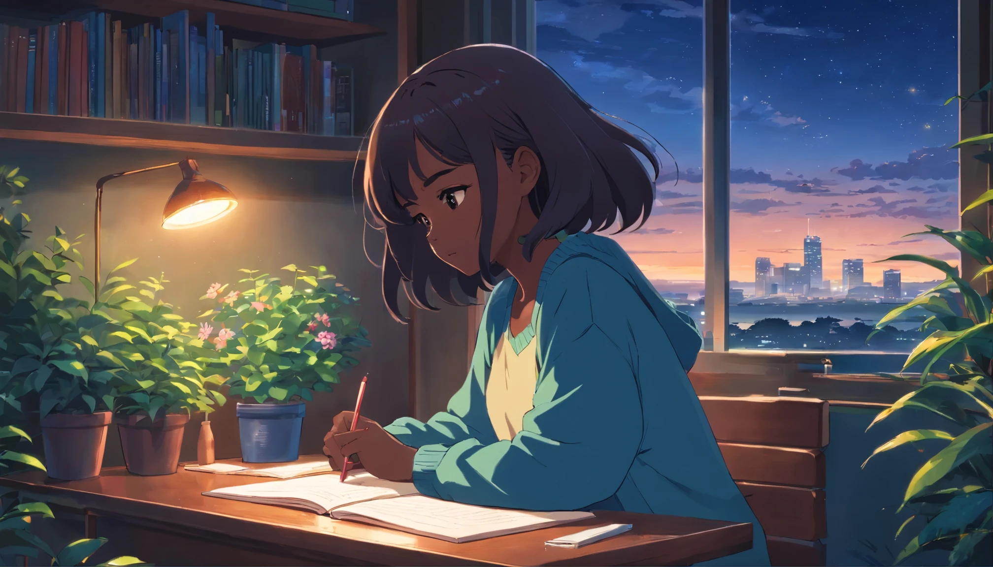 A cute and beautiful darkskin girl studying a cozy study table, night landscape, cloudy sky, full of plants and flowers and a bookshelf, studying overlooking a beautiful natural setting, black hair, cozy sweater
